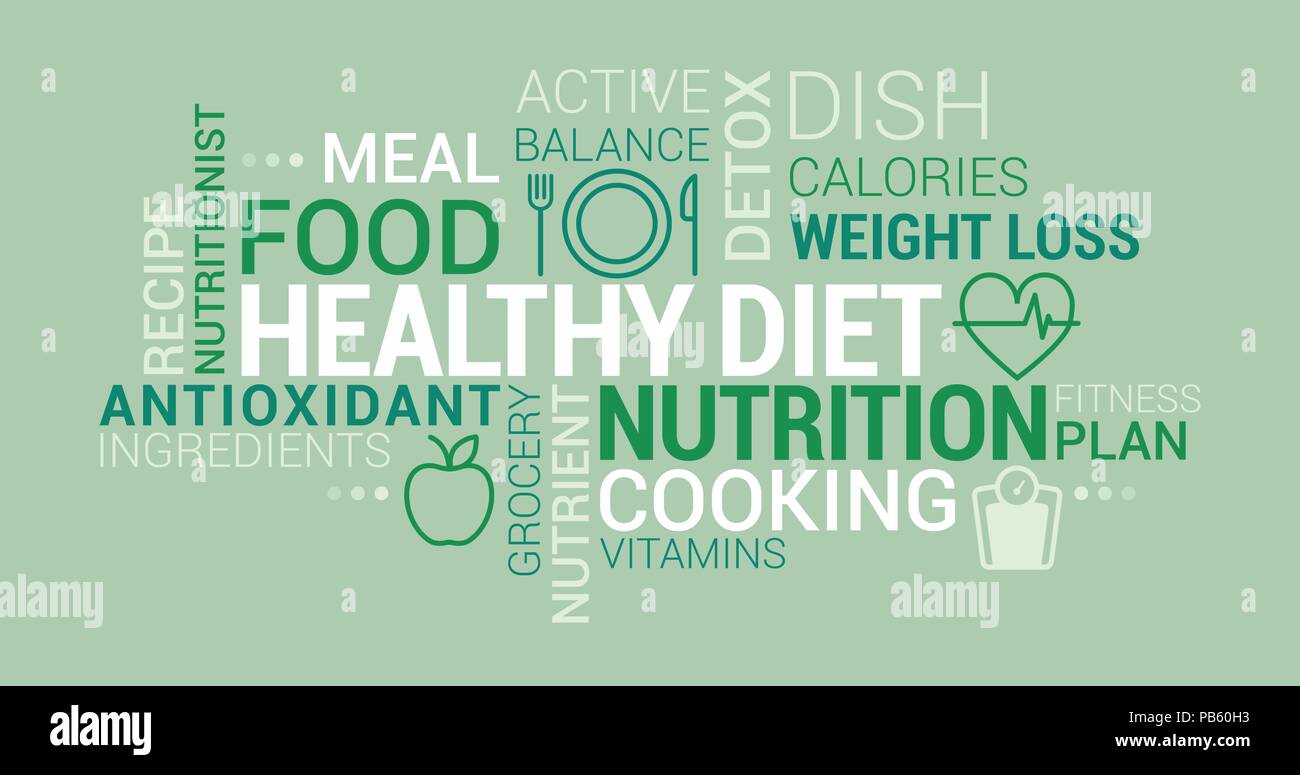 Gesunde Ernährung, Ernährung und Diät tag cloud mit Symbole und Konzepte Stock Vektor