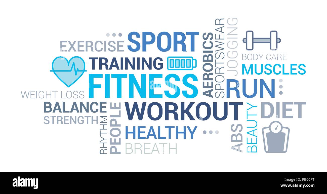 Fitness, Sport und Wellness tag cloud mit Symbole und Konzepte Stock Vektor