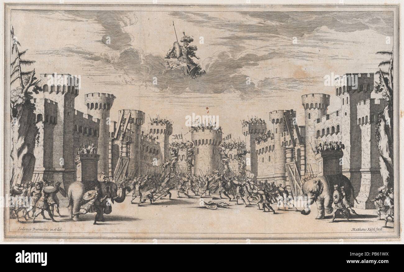 Eine Belagerte Stadt Mit Elefanten Und Soldaten Im Gesamten Mars Auf Der Suche Von Oben Nach Unten Entwurf Von Il Pomo D Oro Artist Wie Mathaus Kusel Deutsch 1621 1682 Nach Ludovico Ottaviano Burnacini