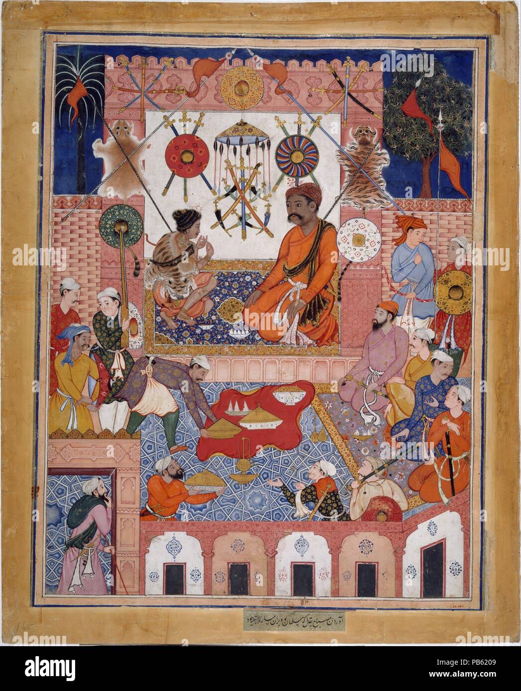 Bin isbah der Lebensmittelhändler bringt der Spion Parran zu seinem Haus', Folio aus einem Hamzanama (Die Abenteuer des Hamza). Artist: zugeschrieben; Dasavanta Mithra zugeschrieben. Abmessungen: H.27 cm. (70,8 cm) W. 21 5/8 in. (54,9 cm). Datum: Ca. 1570. Das Hamzanama erzählt die Abenteuer des Hamza, ein Onkel des Propheten Muhammad, ein legendärer Verteidiger des Glaubens. Dieses Gemälde zeigt Misbah auf der rechten und auf der linken Seite Parran, wie Sie plot Hamza des entführten Sohn zu retten. Es stammt aus einer Mehrbändigen, groß angelegte Kopie des Textes für den Kaiser Akbar, die etwa fünfzehn Jahren nahm Stockfoto