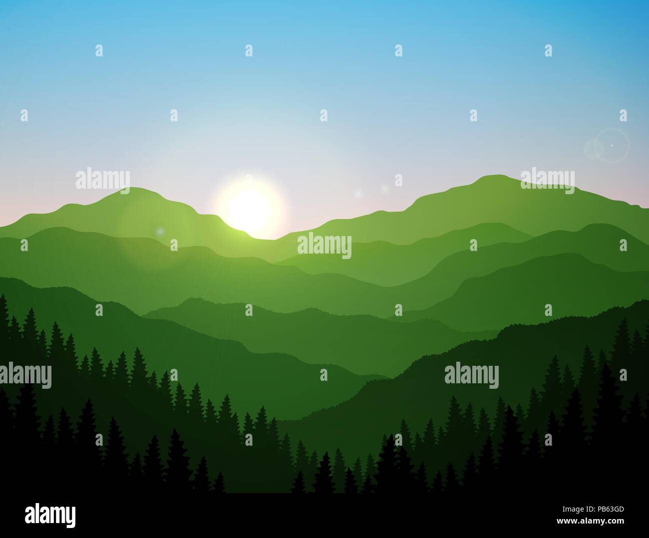 Eine Gruppe von grünen Bergen und Hügeln bei schönen Sonnenaufgang Stock Vektor