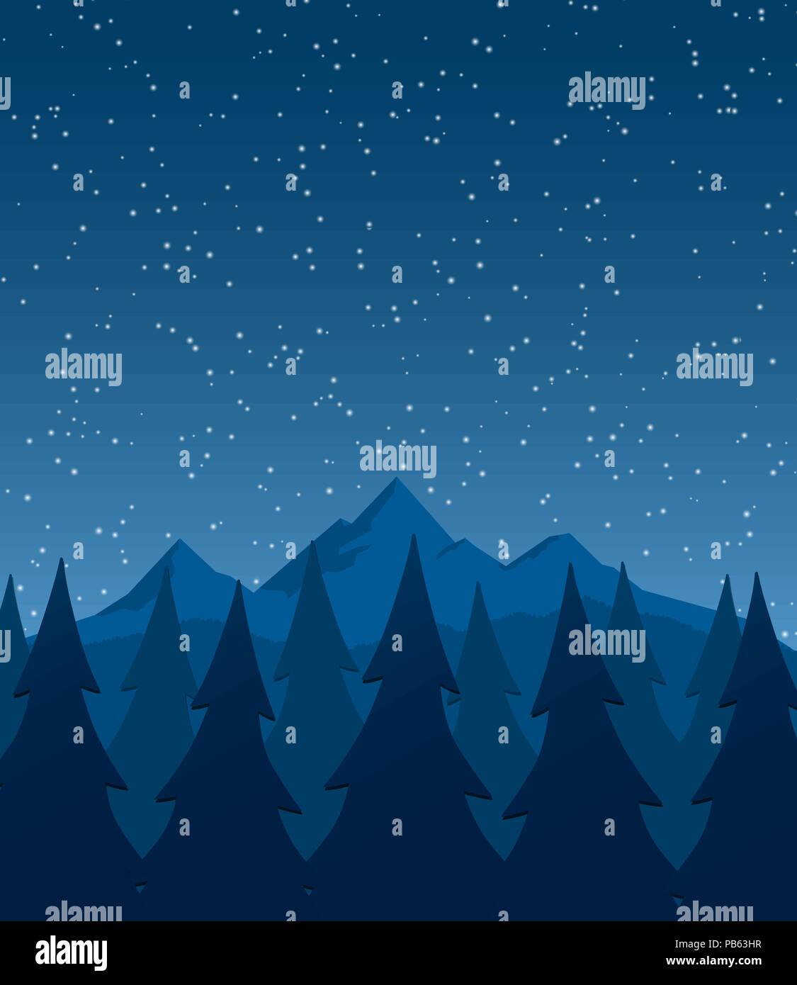 Landschaft mit Bergen, Bäumen und starful Nachthimmel - Hintergrund - Flaches Design Stock Vektor
