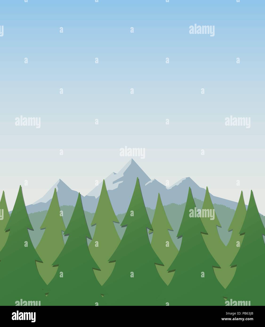 Sommer Landschaft mit Bergen, Bäumen und klarem Himmel - Hintergrund - Flaches Design Stock Vektor