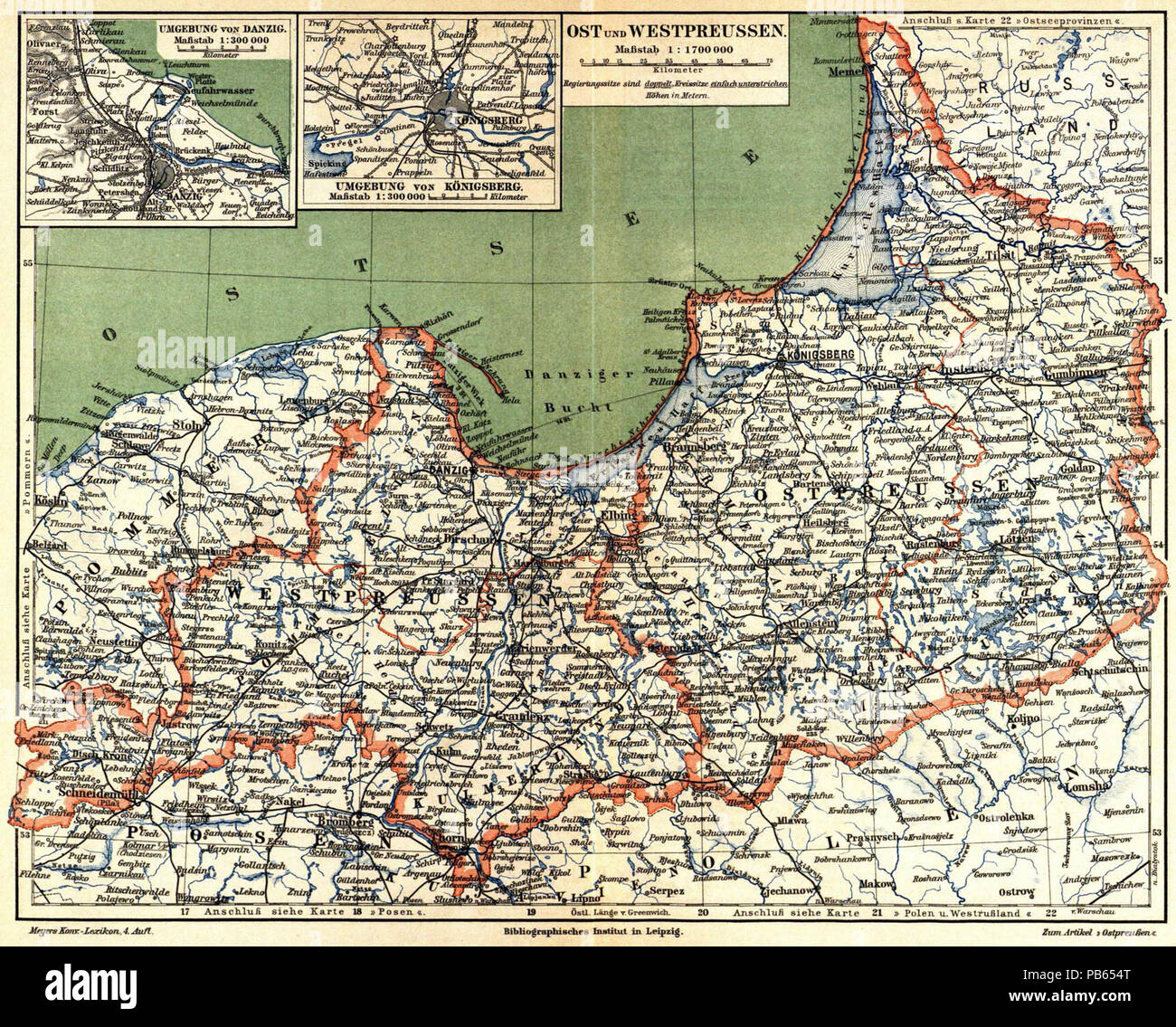 . Deutsch: Karte"-Ost- und Westpreussen" (1:1 700 000) mit Nebenkarten" Suchen von Danzig" und "Suchen von Königsberg" (1:300 000) Englisch: Karte der Provinzen Ost- und Westpreußen im Jahre 1890. Français: Carte de la Prusse-Orientale Prusse-Occidentale et en 1890. Von 1885 bis 1890 1026 Meyers b12 s0541 ein Stockfoto