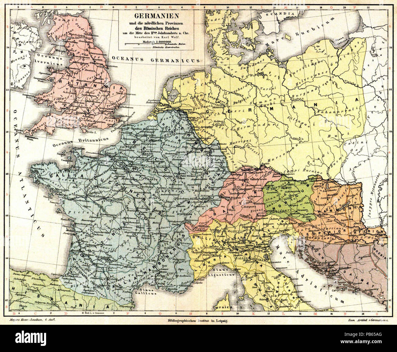 . Deutsch: Karte (1:8.000.000) von Germanien und den nördlichen Provinzen des Römischen Reiches, Mitte des 2. Jahrhunderts n. Chr., bearbeitet von Karl Wolf. ca. 1885 1118 nördlichen Provinzen des Römischen Reiches in der Mitte des 2. Stockfoto