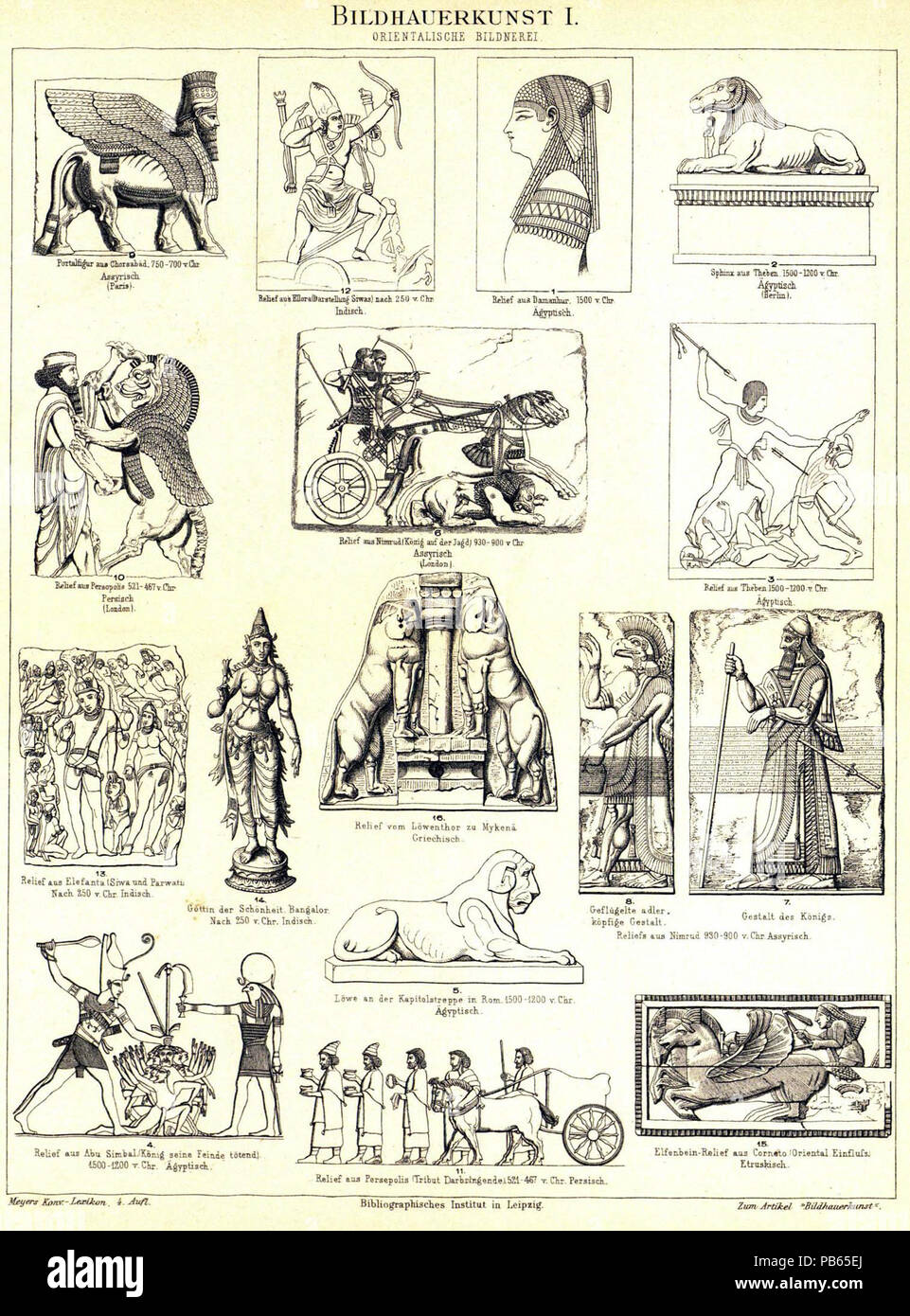 . English: Tafel" Bildhauerkunst I. Orientalische Bildnerei." Original-Bildunterschriften: 1. Relief aus Damanhur. 1500 v. Chr. Ägyptisch. 2. Sphinx aus Theben. 1500 - 1200 v. Chr. Ägyptisch (Berlin). 3. Relief aus Theben 1500 - 1200 v. Chr. Ägyptisch. 4. Relief aus Abu Simbal. (König seine Feinde tötend). 1500 - 1200 v. Chr. Ägyptisch. 5. Löwe an der Kapitolstreppe in Rom. 1500 - 1200 v. Chr. Ägyptisch. 6. Relief aus Nimrud (König auf der Jagd). 930 - 900 v. Chr. Assyrisch (London). 7 - 8. Reliefs aus Nimrud 930 - 900 v. Chr. Assyrisch. 7. Die Gestalt des Königs. 8. Adlerköpfige geflügelte Gestalt. 9. Portalf Stockfoto