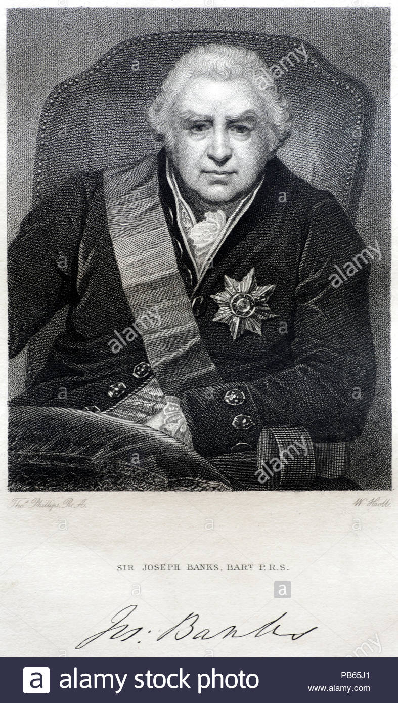 Sir Joseph Banks Portrait, 1st Baronet, 1743-1820 war ein englischer Naturforscher, Botaniker und Patron der Naturwissenschaften, antike Gravur von 1829 Stockfoto