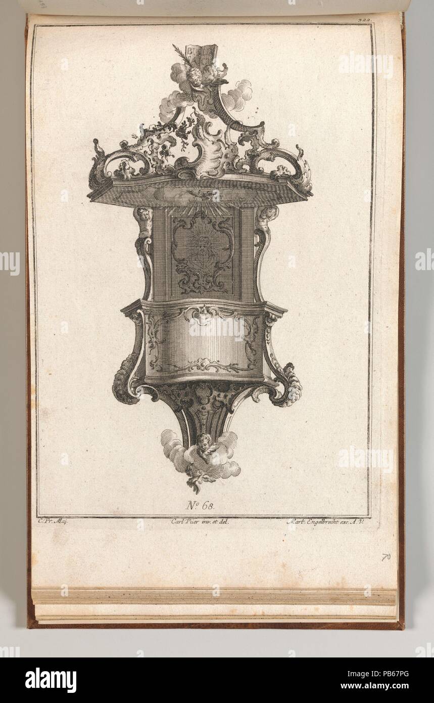 Design für eine Kanzel, die Platte 1 aus einer unbetitelten Serie von Kanzel Designs. Künstler: Carl Pier (Deutsch, aktive Augsburg, Ca. 1750). Abmessungen: Insgesamt: 8 7/16 x 13 3/4 in. (21,5 × 35 cm). Herausgeber: Martin Engelbrecht (Deutsch, Augsburg 1684-1756 Augsburg). Datum: gedruckt werden kann. 1750-56. Ornament Druck mit einem Design für eine abgehängte Kanzel in der Frontalen Höhe dargestellt. Die Kanzel ist durch ein Baldachin von rocaille Ornamente Unterstützung ein Buch und 2 Engelchen geprägt. Dieser Druck wird in ein Album mit 27 Serien mit insgesamt 122 ornament Drucke aus den Fonds der prominenten Augsburg Verlag M Stockfoto