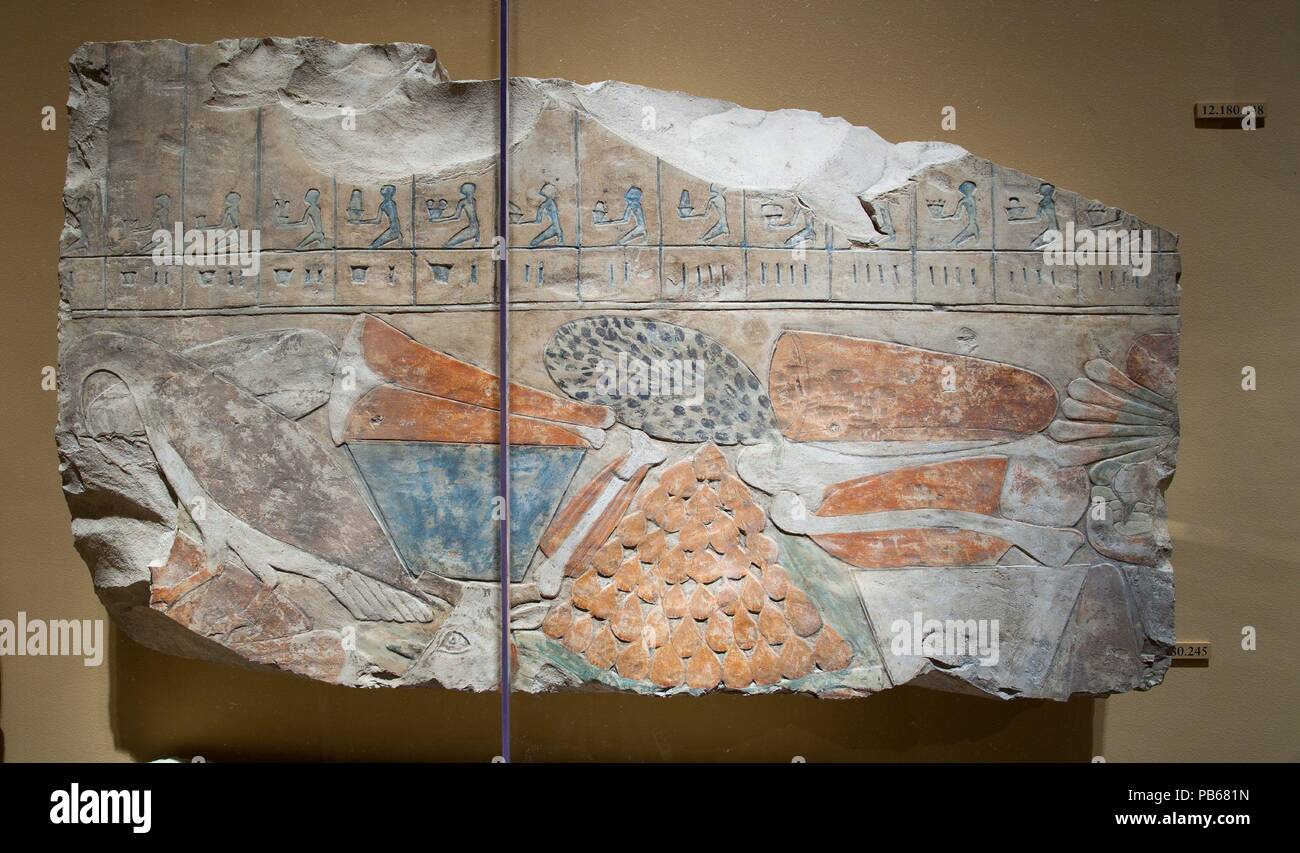 Relief Fragment zeigt einen Stapel Opfergaben und Teil einer Liste anbieten. Abmessungen: H. 46,4 × W 80,2 cm (18 1/4 x 31 9/16 in.). Dynastie: Dynasty 11. Herrschaft: Späte Regierungszeit von Mentuhotep II. oder später. Datum: Ca. 2010-2000 v. Chr. oder Ca. 2000-1981 v. Chr.. Ursprünglich aus der innersten Raum von Dagi's Grab Kapelle, dieser Block zeigt einige der Angebote aufgetürmt vor einer großen Zahl von Dagi an seinem grabkunst Mahlzeit: Hier sie bestehen aus Verbindungen von Fleisch, Trauben, Feigen, eine große Gans, und der Leiter der einen Ochsen. Oberhalb der Lebensmittel ist Teil der grabkunst 'Menü', einer darübergelegten Tabelle, dass die Listen der Vario Stockfoto