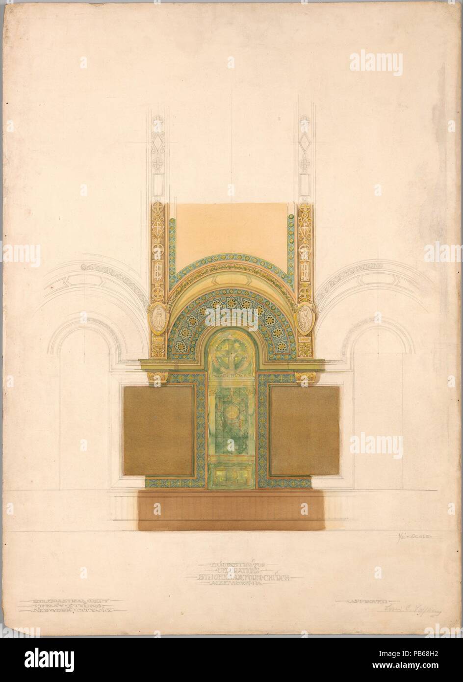 Vorschlag für Dekorationen, St. John's Reformierte Kirche, Allentown, PA. Künstler: Louis Comfort Tiffany (American, New York 1848-1933 New York). Kultur: American. Abmessungen: Insgesamt: 29 7/8 x 21 3/4 in. (75,9 x 55,2 cm). Teekocher: Tiffany Studios (1902-32). Datum: Ca. 1915. Museum: Metropolitan Museum of Art, New York, USA. Stockfoto