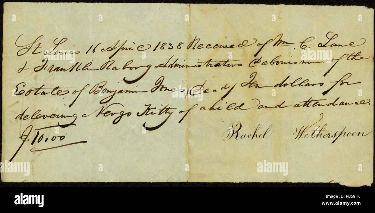 1248 Erhalt unterzeichnet Rachel Wetherspoon, St. Louis, 16. April 1838 Stockfoto