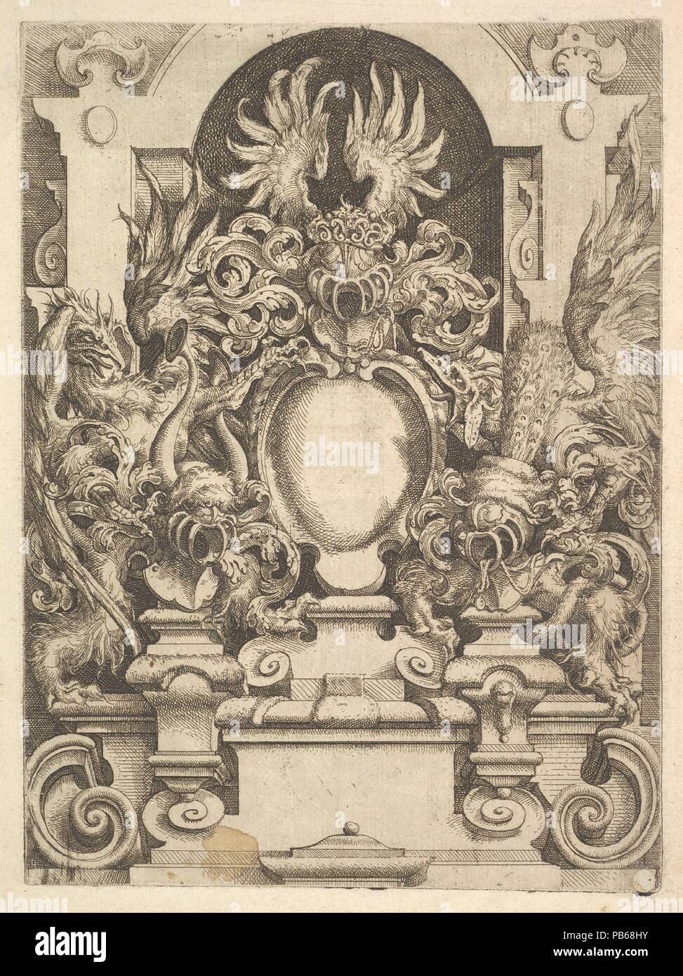 Design für eine Kartusche, die Platte von Dietterlin des Architecttura. Artist: Wendel Dietterlin, der Ältere (Deutsch, Pfullendorf 1550/51 - Ca. 1599 Straßburg). Maße: Blatt: 13 11/16 x 10 1/16-in. (34,7 x 25,5 cm) Platte: 9 3/4 x 7 3/16 in. (24,7 x 18,3 cm). Datum: 1598. Museum: Metropolitan Museum of Art, New York, USA. Stockfoto