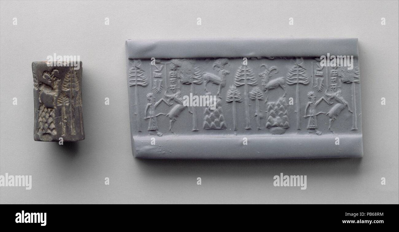 Dichtung und modernen Eindruck: jagdszene. Kultur: das Akkadische. Abmessungen: H.1 1/8 in. (2,8 cm). Datum: Ca. 2250-2150 v. Chr.. Im alten Mesopotamien, einem Zylinder-förmige Dichtung könnte auf eine Vielzahl von Objekten aus Ton gerollt werden. Wenn die Dichtungen wurden von Tabletten oder Tablet-taschen die Dichtung eindrücken serviert die Behörde verantwortlich für das, was in den Dokumenten geschrieben wurde, wie einer Unterschrift bedeutet heute zu identifizieren beeindruckt. Wenn die Dichtungen wurden auf Dichtungen - tonklumpen, die verwendet wurden, um Türen zu sichern und die Deckel der Storage jars -- die Dichtung eindrücken serviert ihren Besitzer zu identifizieren und pro beeindruckt Stockfoto