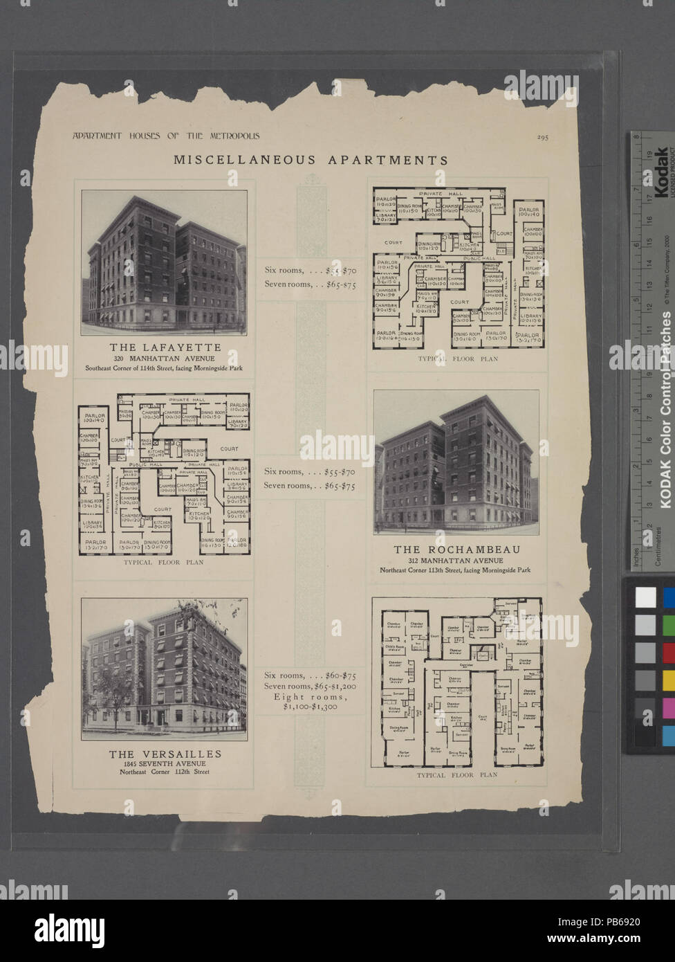 1049 verschiedene Apartments. Die Lafayette, 320 Manhattan Avenue, südöstlich von 114 Street, gegenüber Morningside Park; Typische Grundriss; die Versailles, 1845 Seventh Avenue, im Nordosten (Nypl b 12647274-1238849) Stockfoto