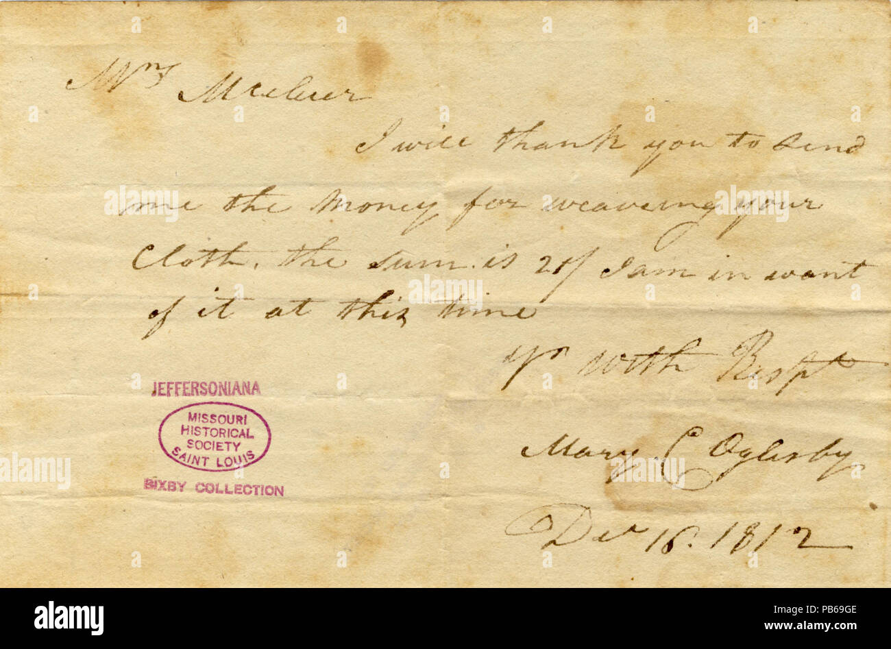 1119 Anmerkung von Maria C. Oglesby an Frau McCluer, 16. Dezember 1812 Stockfoto