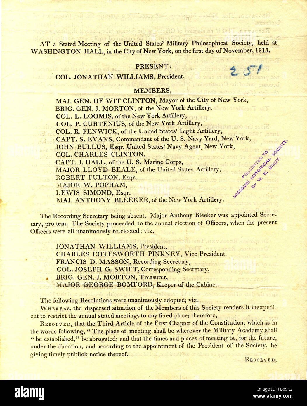 1228 gedruckten Protokoll der Besprechung vom Militärischen philosophischen Gesellschaft der USA, Dezember 1813 Stockfoto