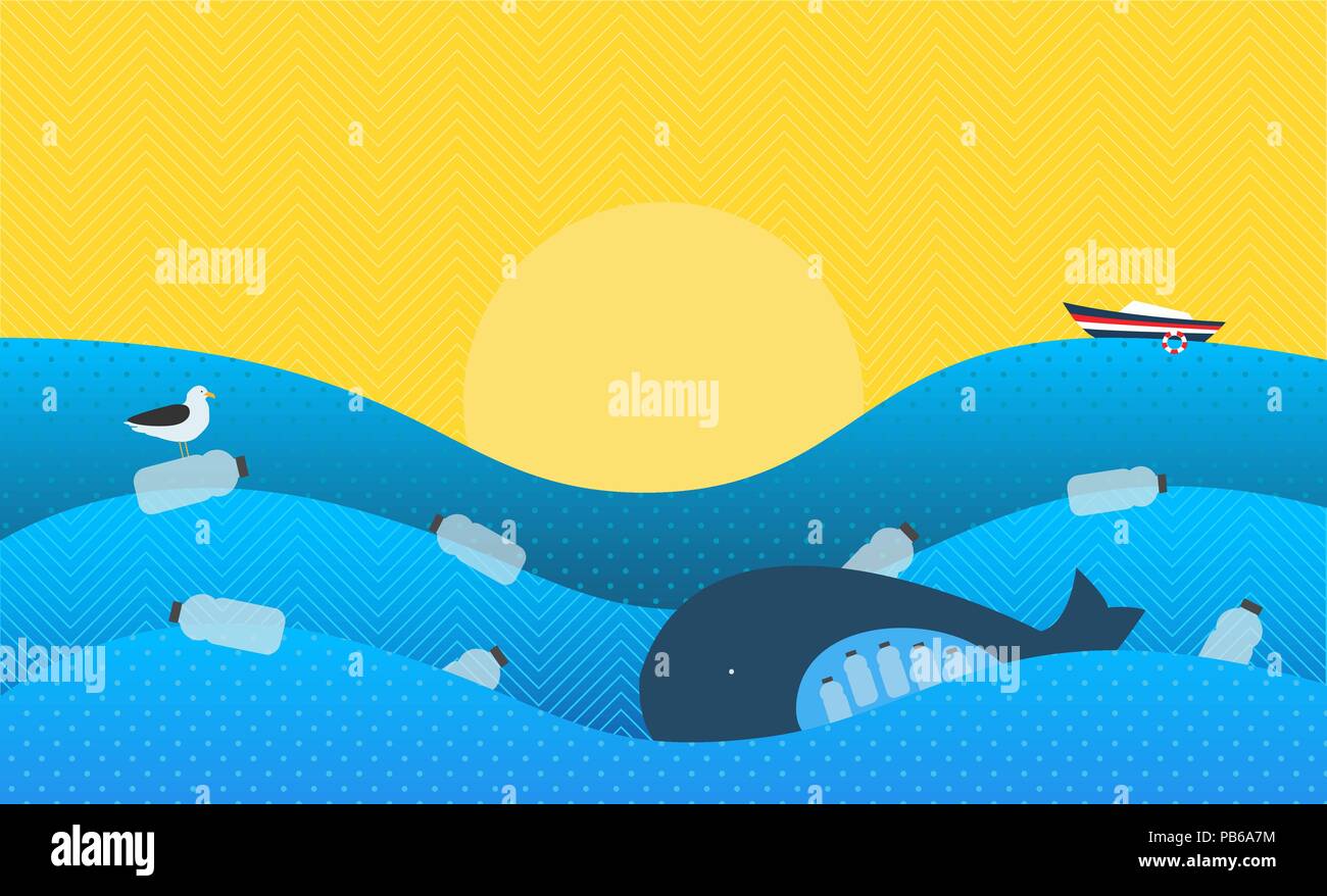 Poster mit ökologischen Thema: Kunststoff Verschmutzung in den Ozean. Der Wal mit Plastikflaschen in Magen, die Seabird sitzen auf fließenden Kunststoff Flasche Stock Vektor