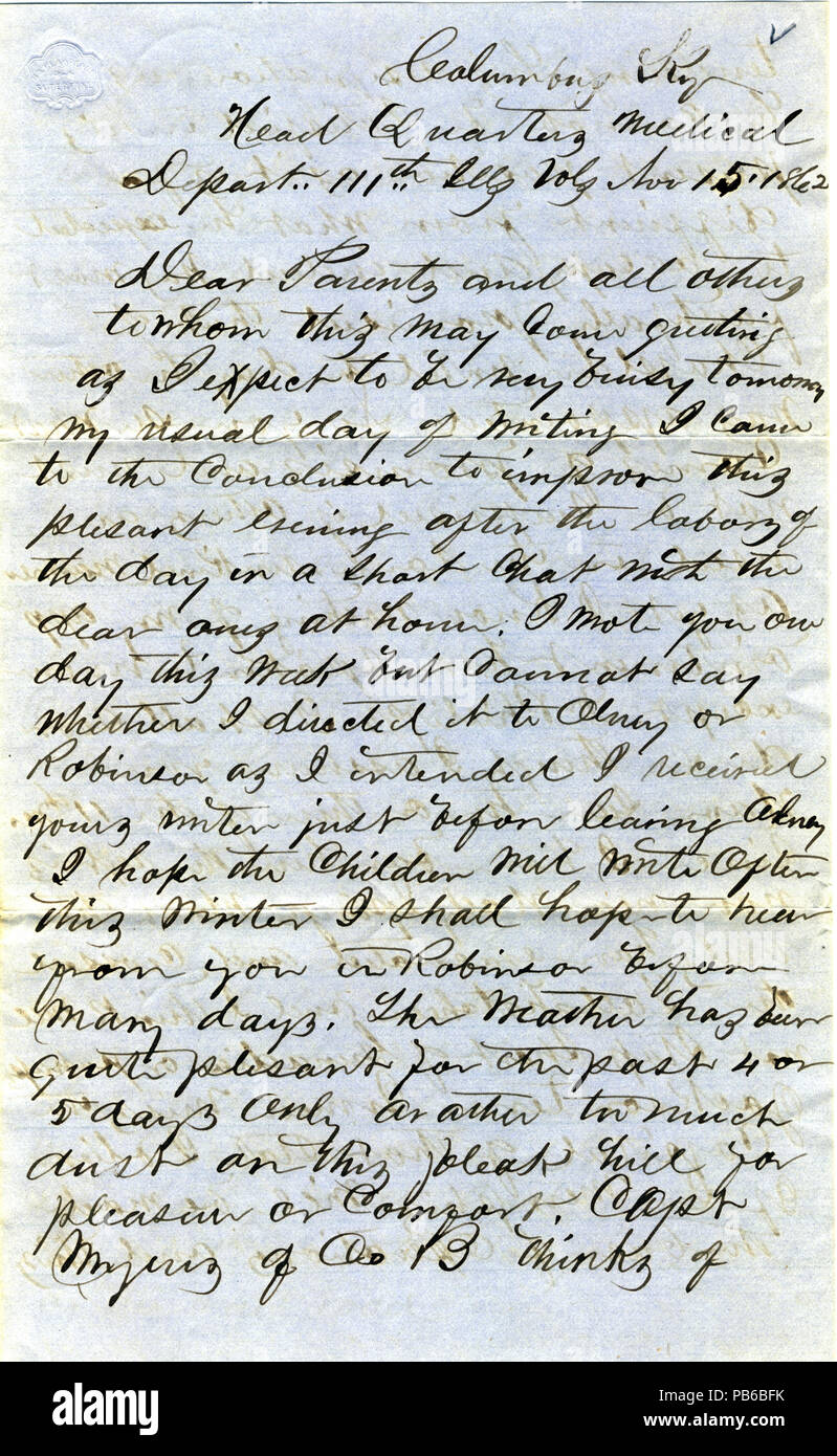 912 Brief unterzeichnet T.S. Hawley, Columbus, Kentucky, für Eltern, 15. November 1862 Stockfoto