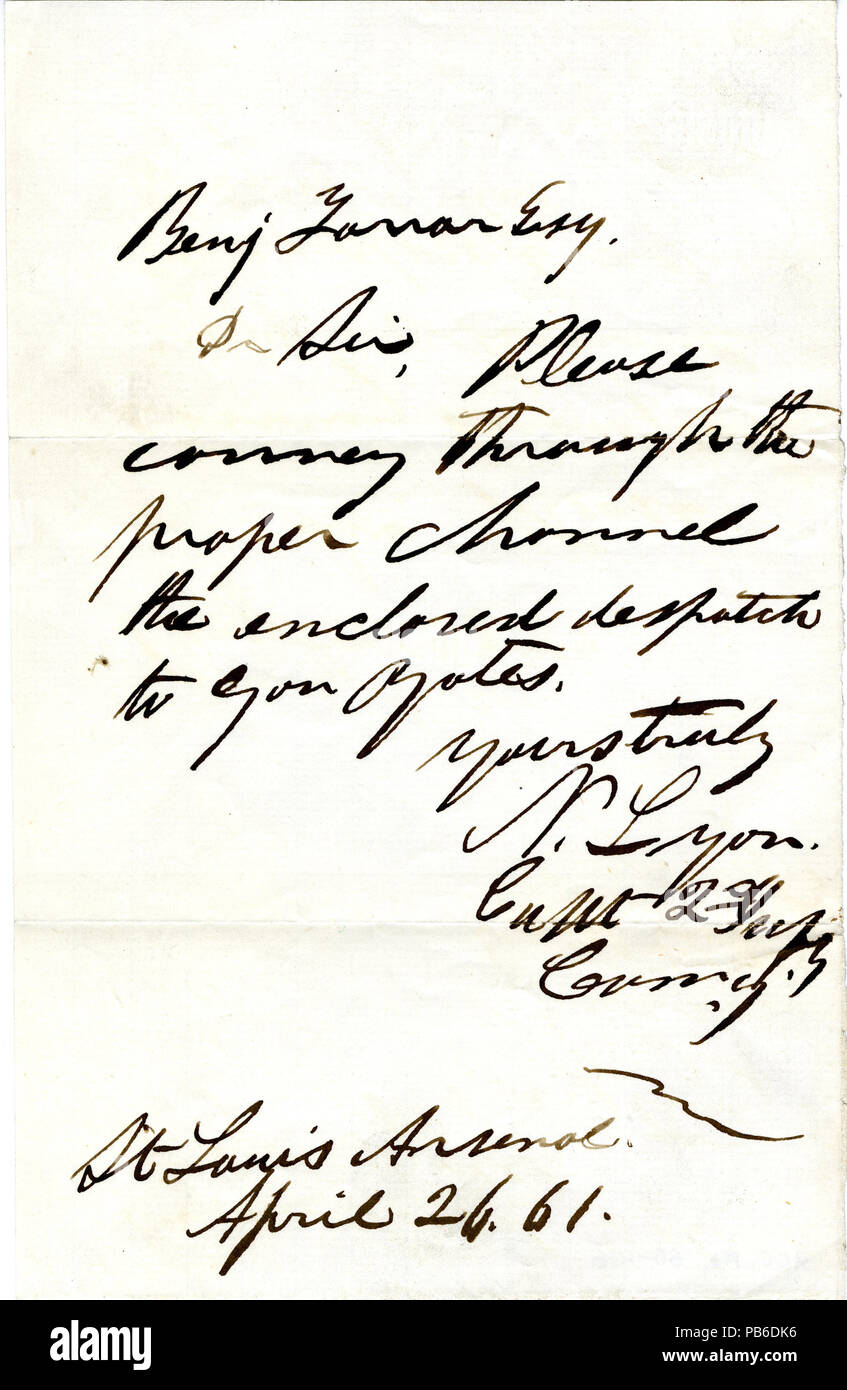 1119 Hinweis von N. Nathaniel Lyon (Lyon), St. Louis, Arsenal, Benjamin Farrar, Esq., 26. April 1861 Stockfoto