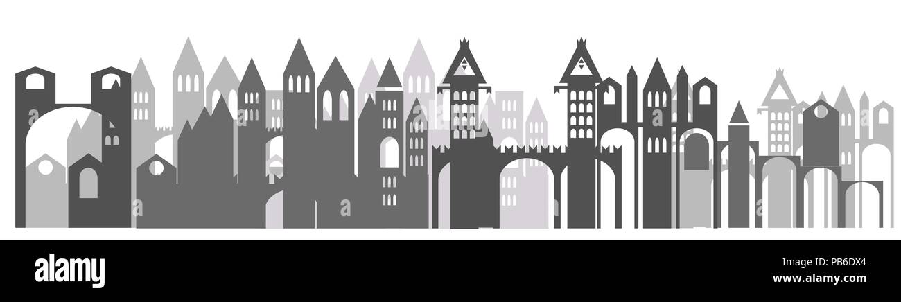 Vecor Panorama mit monochromen Cartoon schloss mit Türmen, im Europäischen Stil auf weißem Hintergrund. Silhouette von Schloss in Schwarz und Grau colo Stock Vektor