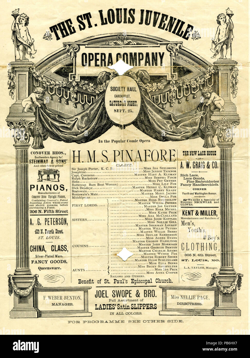 Illustrierte Theaterprogramm für die Präsentation der St. Louis Juvenile's Opera Company der H.M.S. Schürze an Gesellschaft Halle in Carondelet [St. Louis, Mo], St. Paul's Episcopal Church zu profitieren. Enthält die Namen der Darsteller und Business Werbung. [1880] Sept 25. Seite 1. Rundschreiben Sammlung, Missouri History Museum Archive, St. Louis. 789 bebilderte Theaterprogramm für Präsentation ofH der St. Louis Juvenile's Opera Company. M.S. Pinaforeat Gesellschaft Halle in Carondelet (St. Louis, MO), St. Paul's Episcopal Church, 25. September (1880) Stockfoto