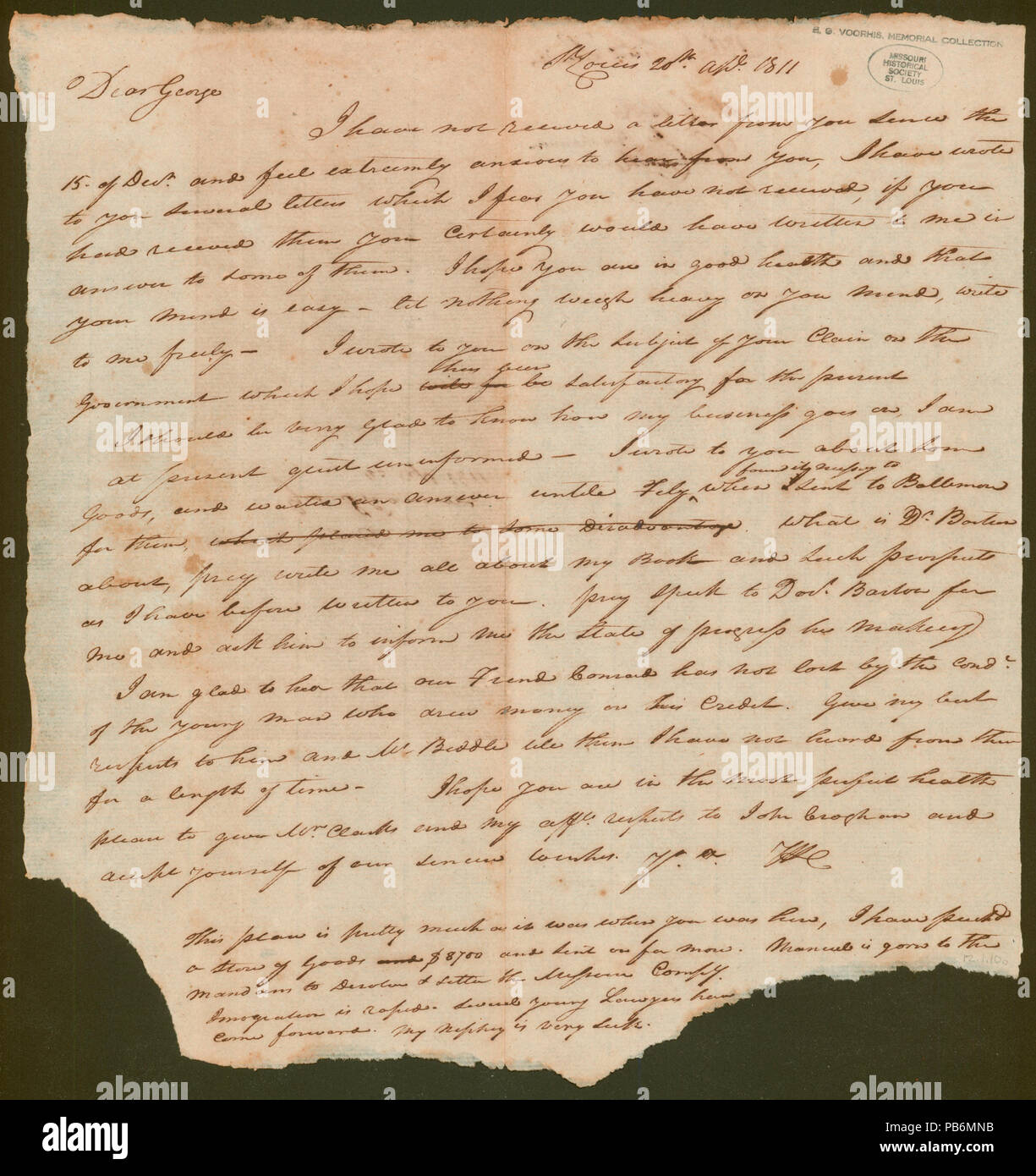 915 Brief unterzeichnet WC (William Clark), St. Louis, George (Shannon), 20. April 1811 Stockfoto