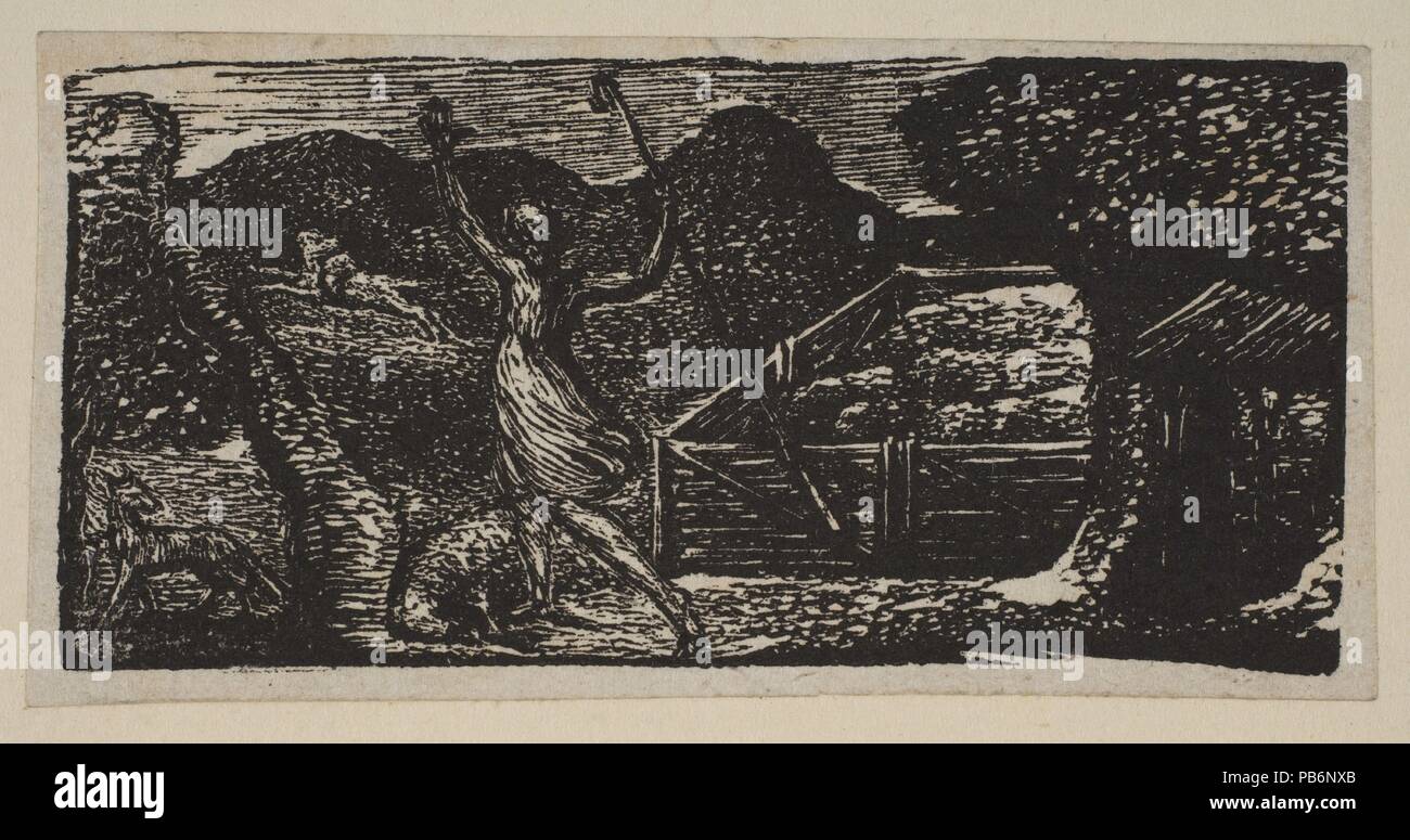 Schäfer Vertreibt ein Wolf, von Thornton's Pastorals von Virgil. Künstler: William Blake (Briten, London 1757-1827 London). Abmessungen: Block: 1 3/8 x 2 7/8 in. (3,5 x 7,3 cm). Datum: 1821. Museum: Metropolitan Museum of Art, New York, USA. Stockfoto