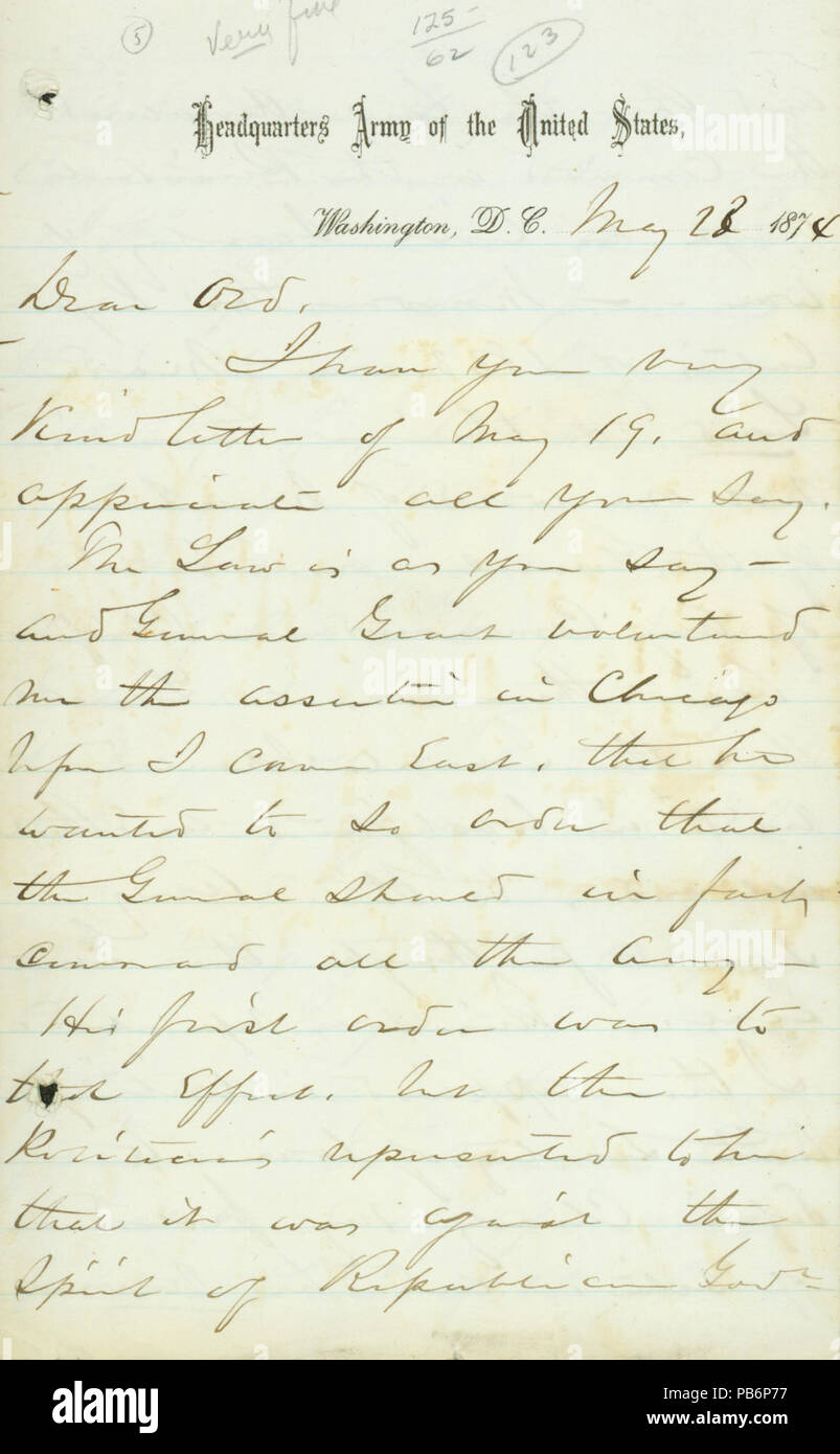 914 Brief unterzeichnet W.T. Sherman, Sitz der Armee der Vereinigten Staaten, Washington, D.C., auf E.O.C. Ord, 22. Mai 1874 Stockfoto