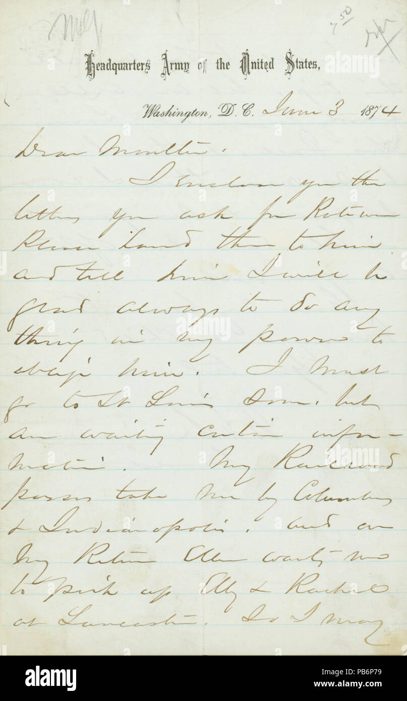 914 Brief unterzeichnet W.T. Sherman, Sitz der Armee der Vereinigten Staaten, Washington D.C., Molton, 3. Juni 1874 Stockfoto
