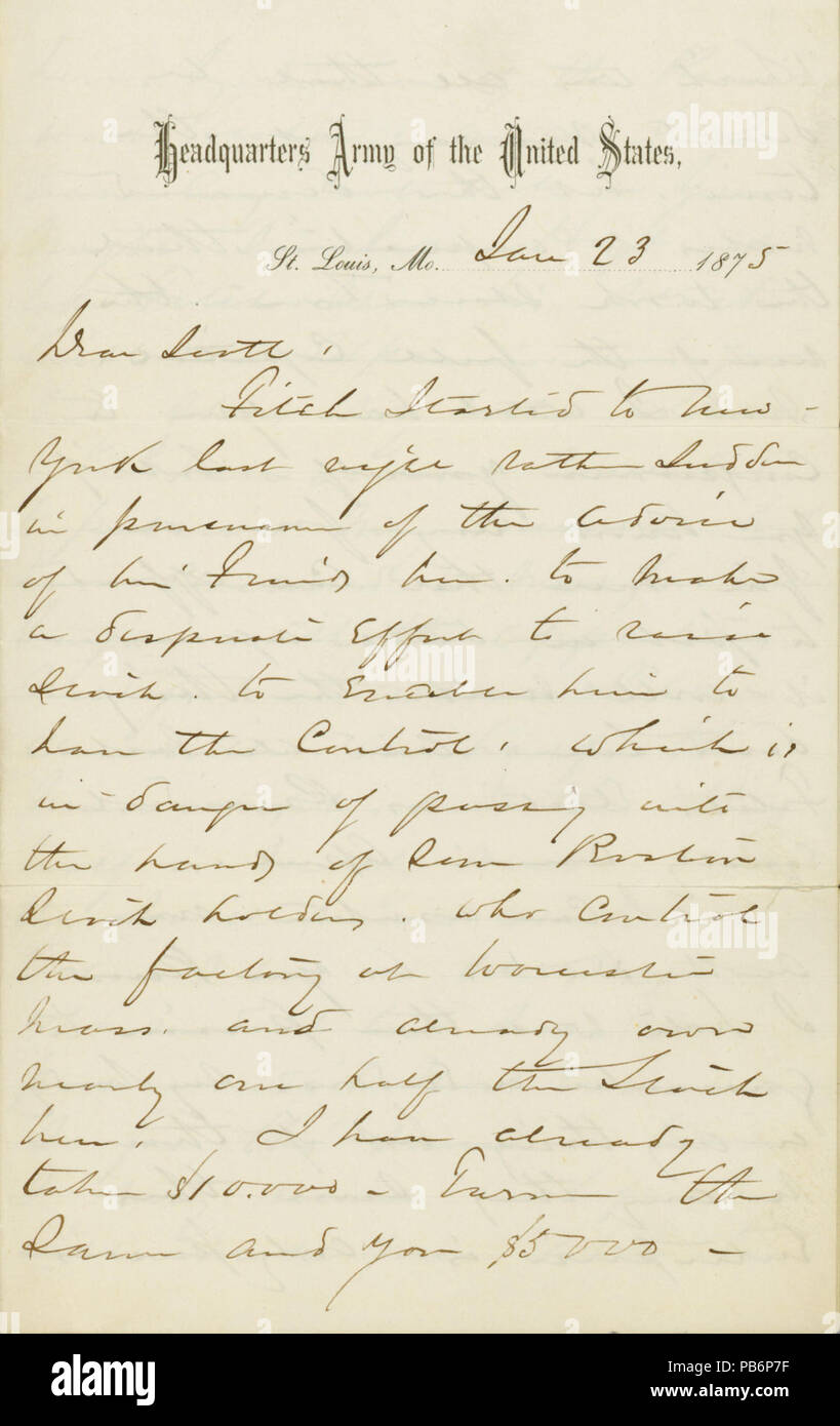 914 Brief unterzeichnet W.T. Sherman, Sitz der Armee der Vereinigten Staaten, St. Louis, MO., Scott, 23. Januar 1875 Stockfoto