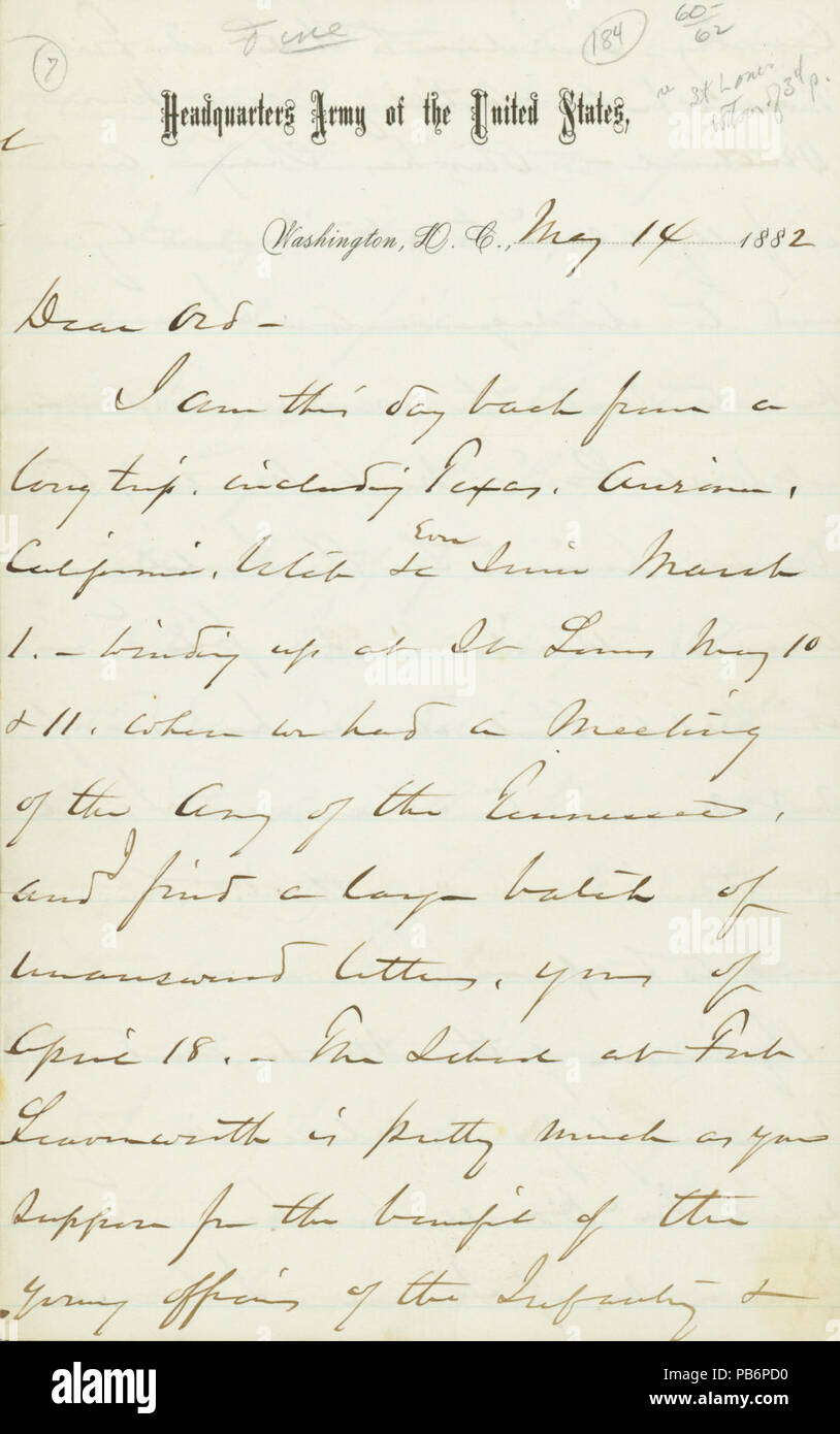 905 Brief unterzeichnet (W.T.) Sherman, Sitz der Armee der Vereinigten Staaten, Washington, D.C., zu (E.O.C.) Ord, 14. Mai 1882 Stockfoto