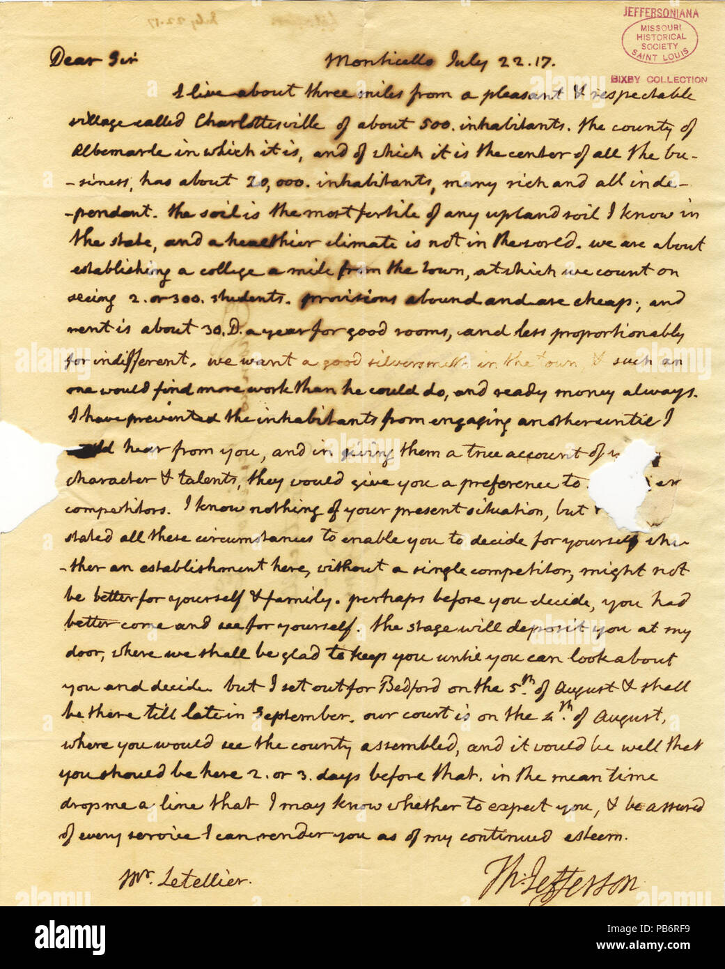 913 unterzeichneten Brief von Thomas Jefferson, Monticello, John Letellier, 22. Juli 1817 Stockfoto