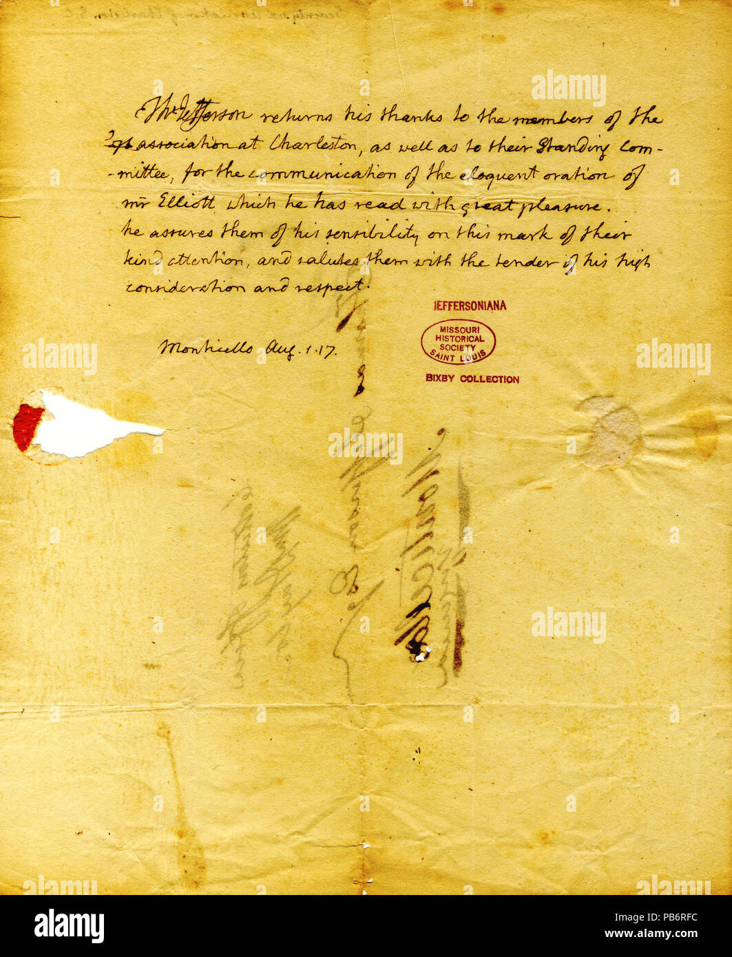 913 unterzeichneten Brief Thomas Jefferson, Monticello, das an die Mitglieder des "76 Vereinigung von Charleston, 1. August 1817 Stockfoto