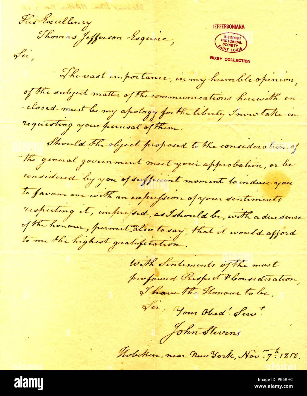 910 unterzeichneten Brief John Stevens, Hoboken, in der Nähe von New York, zu Thomas Jefferson, 7. November 1818 Stockfoto