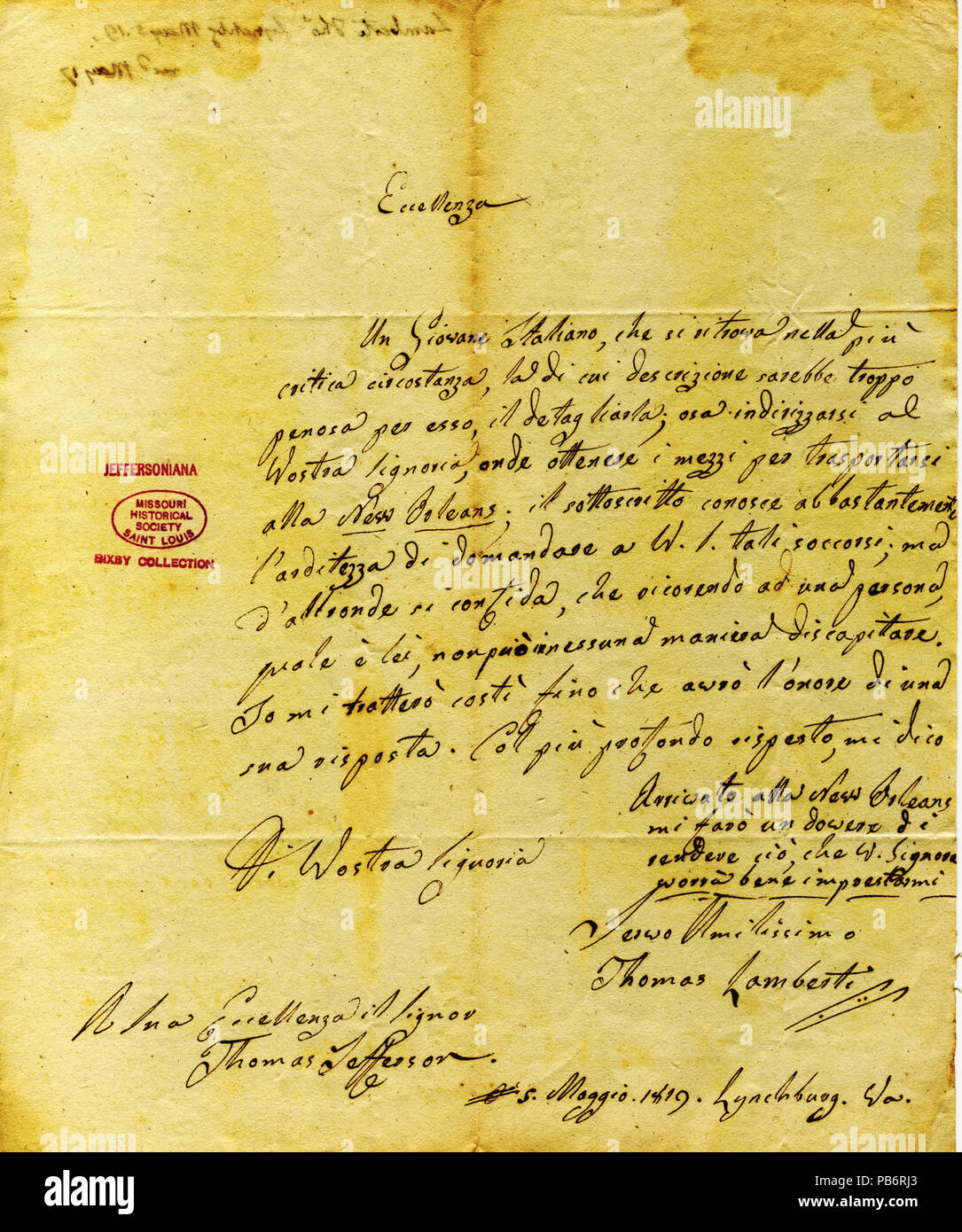 913 unterzeichneten Brief Thomas Lamberti, Thomas Jefferson, 5. Mai 1819 Stockfoto