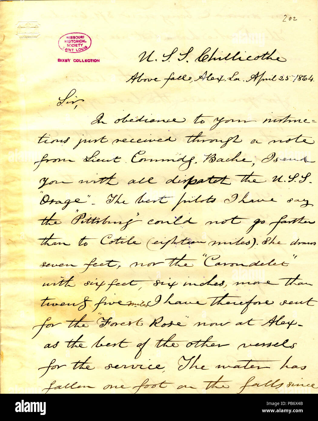 904 Brief von Watson Smith, US S. Chillicothe, oben fällt, Alexandria, Louisiana, (David D.) Porter, 25. April 1864 Stockfoto