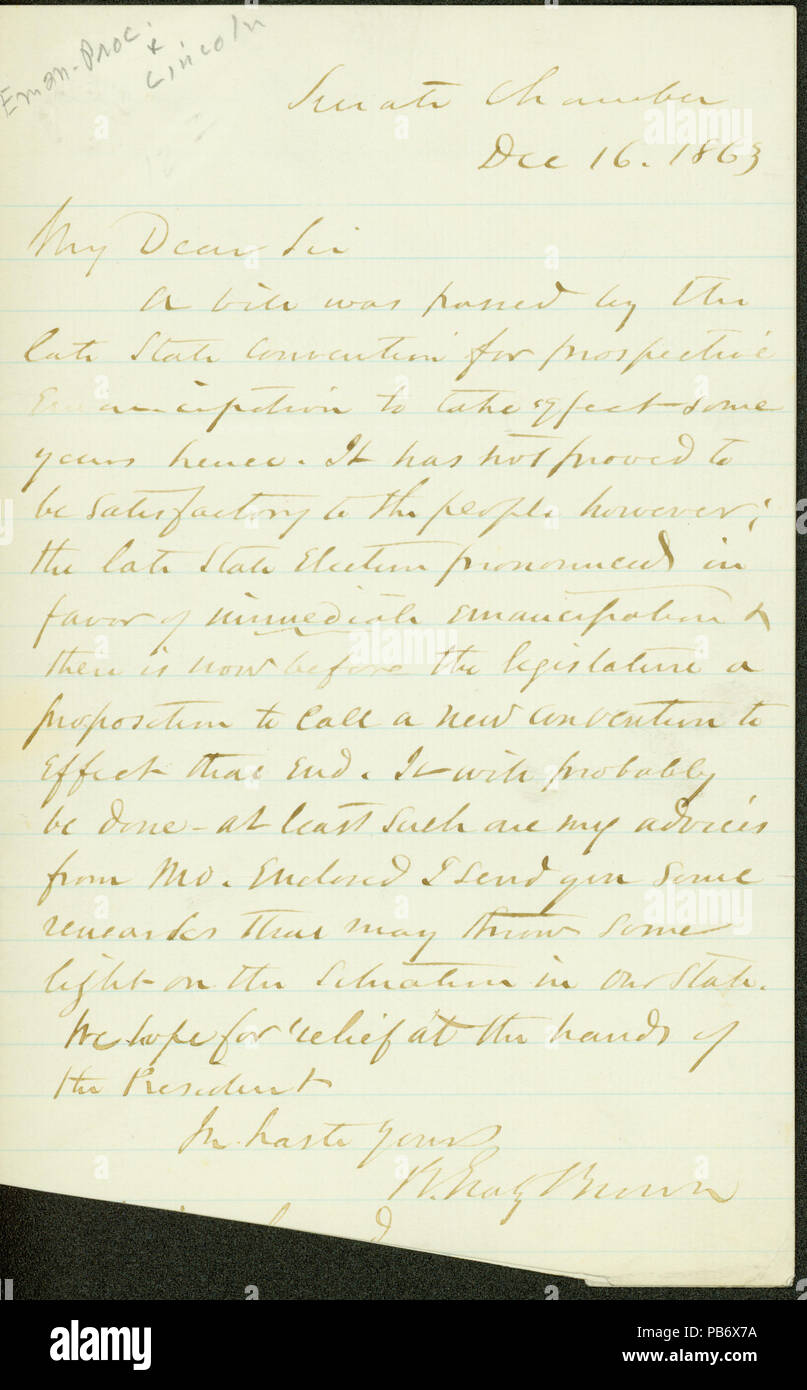 905 unterzeichneten Brief B. Gratz Braun, Senat Kammer, an unbekannte Empfänger, 16. Dezember 1863 Stockfoto
