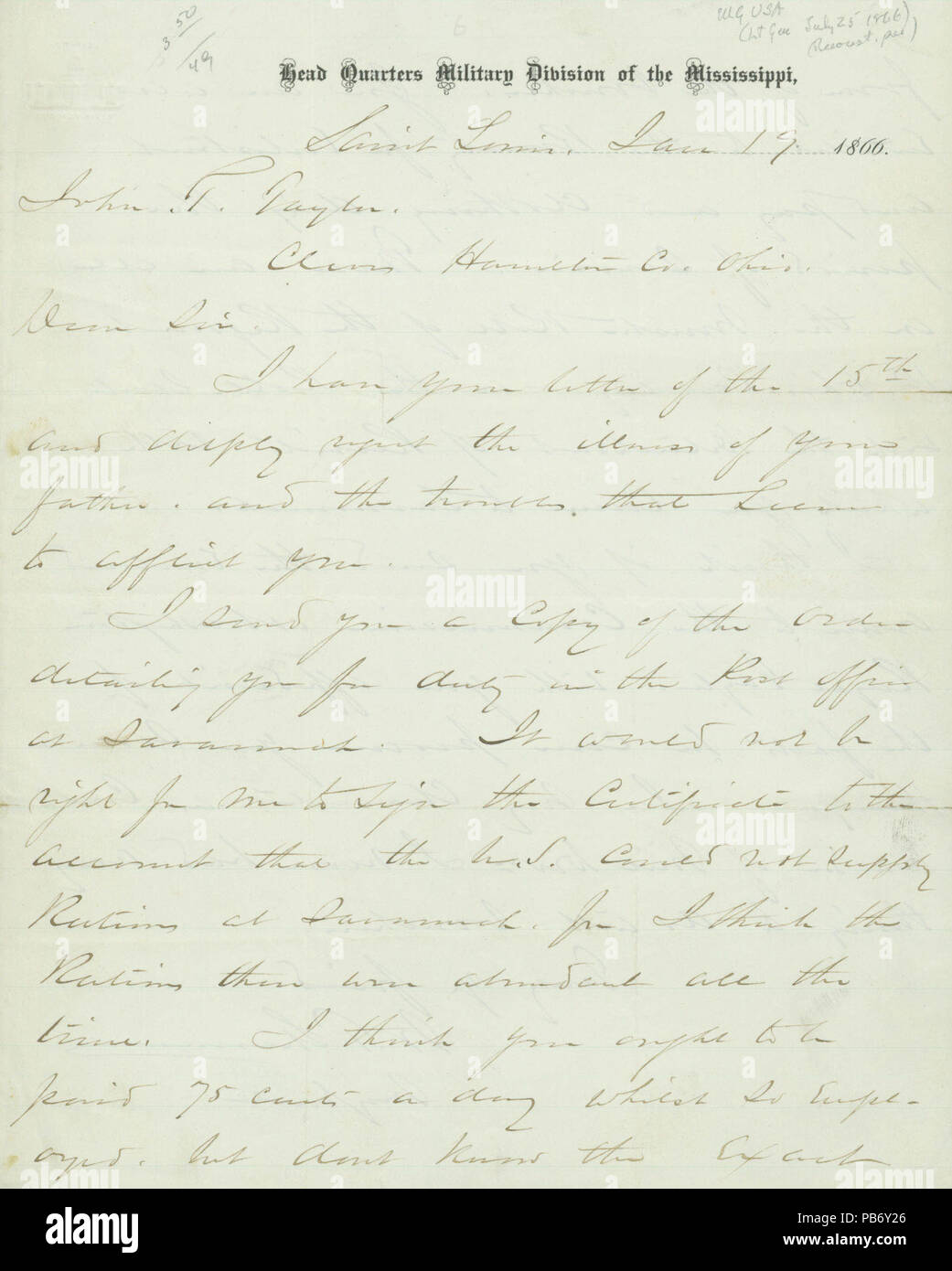 914 Brief unterzeichnet W.T. Sherman, Sitz der militärischen Abteilung des Mississippi, Saint Louis, John T. Taylor, Kleve, Hamilton Co., Ohio, 19. Januar 1866 Stockfoto