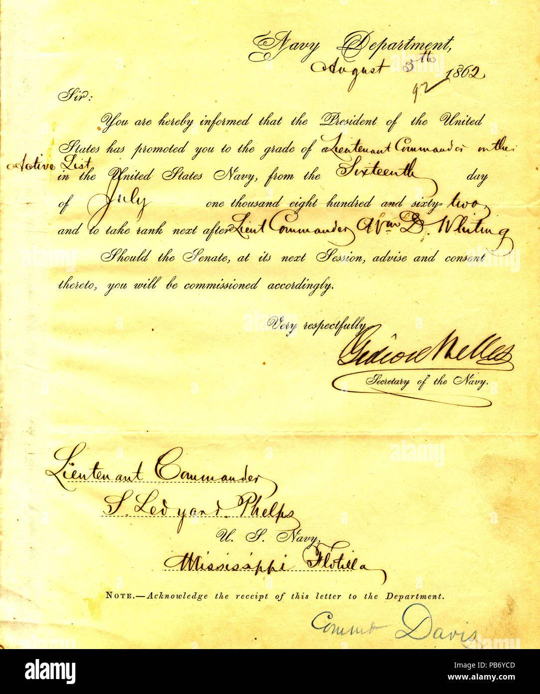 901 Brief von Gideon Welles Seth Ledyard Phelps, 5. August 1862 Stockfoto