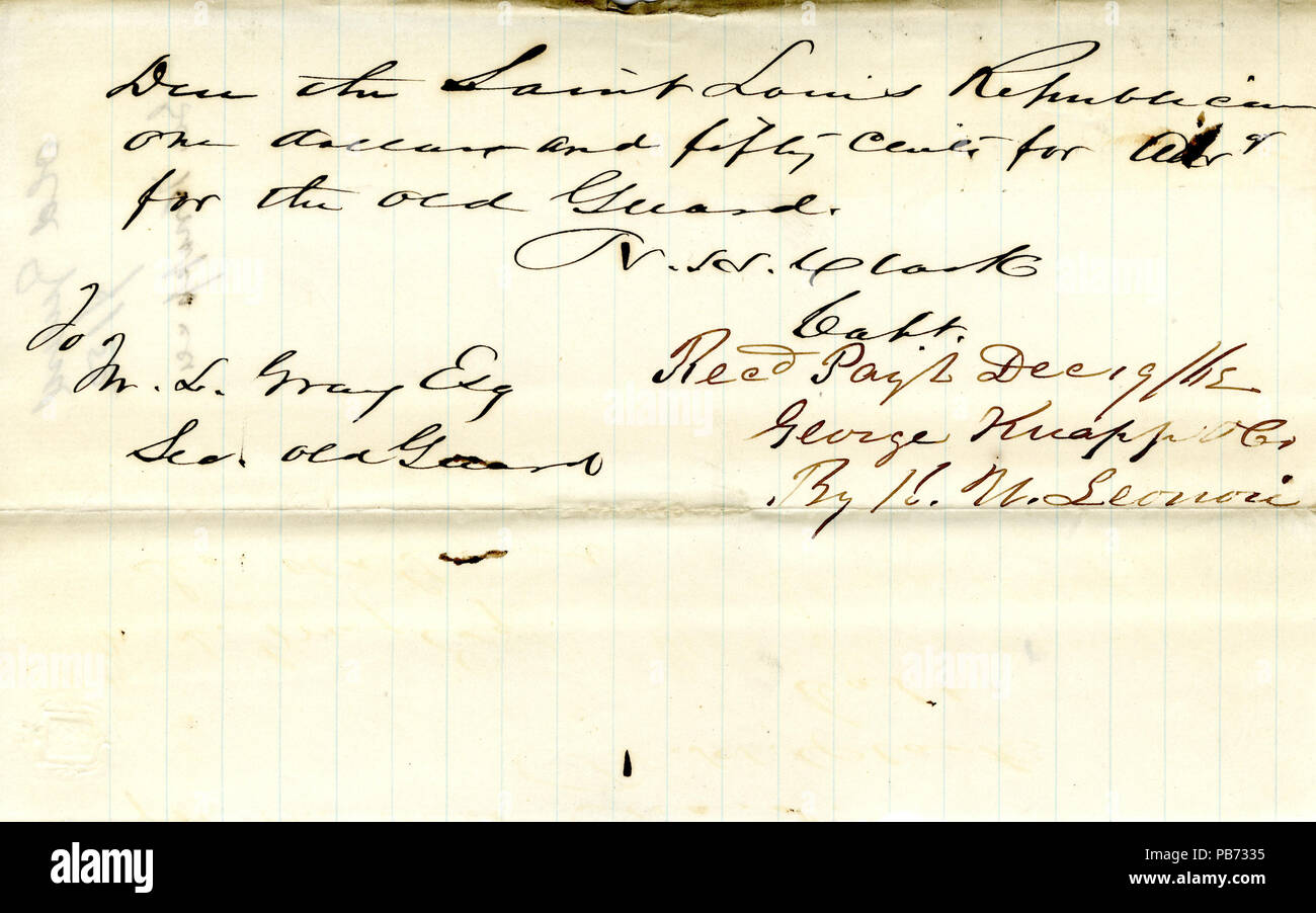 1247 Quittung für die Zahlung von 1,50 $ erhielt von H.n. Leonori in der Pflege von George Knapp von M.L. Grau der alten Garde (St. Louis, MO), 19. Dezember 1862 Stockfoto