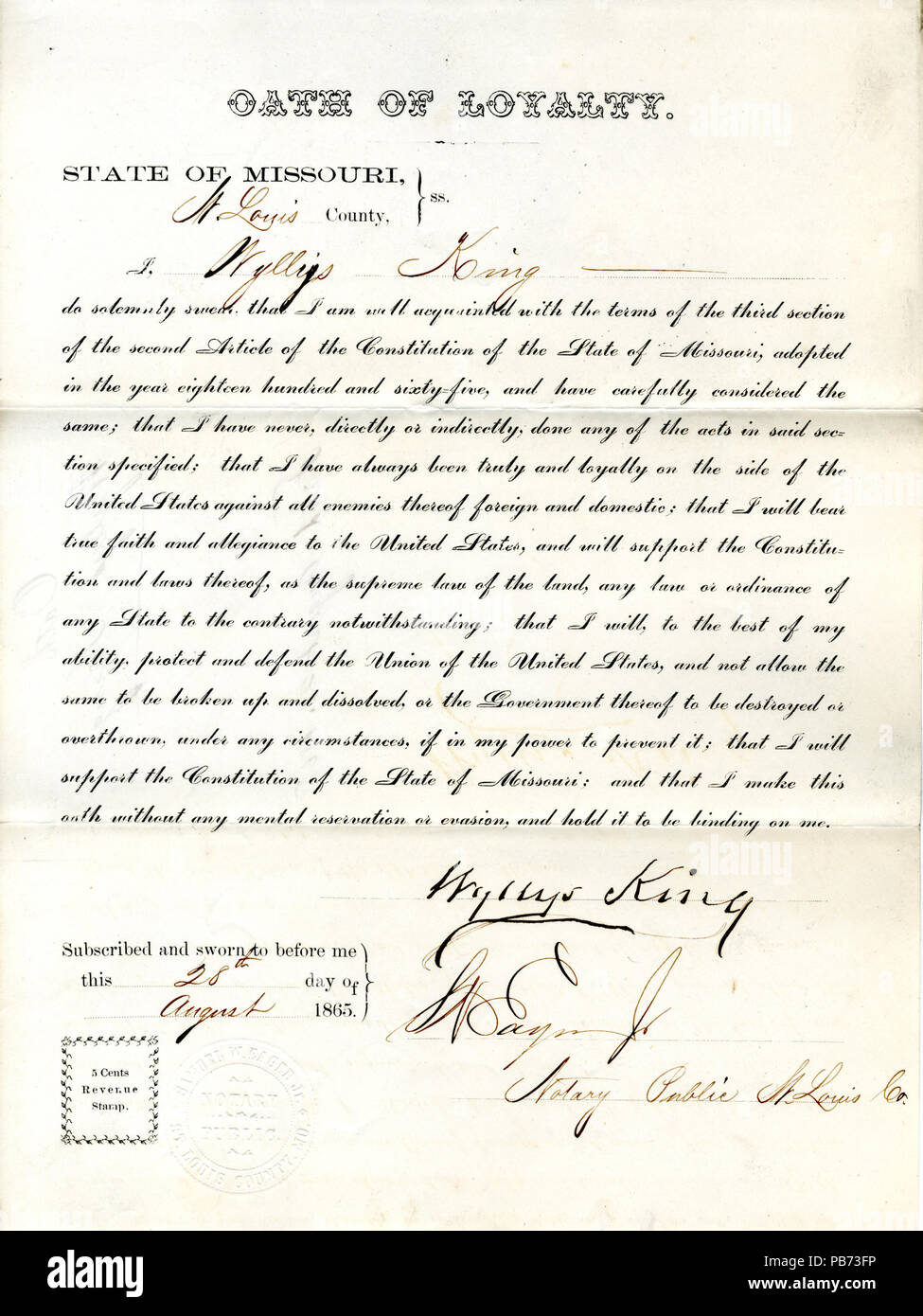 957 Treue Schwur von wyllys König von Missouri, St. Louis Stockfoto