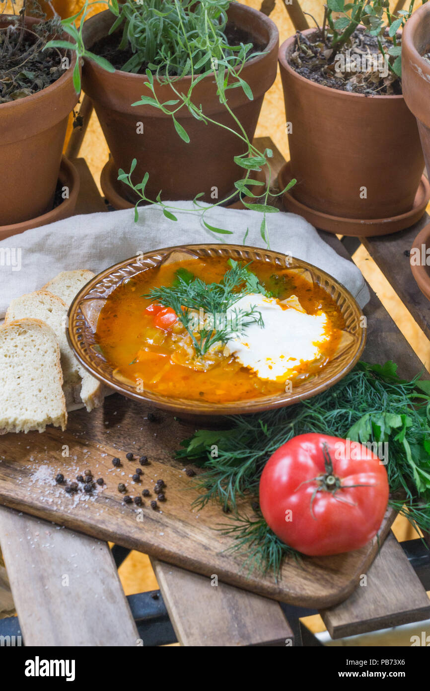 Traditionelle russische Saurer Kohl Suppe (schtschi) mit saurer Sahne ...