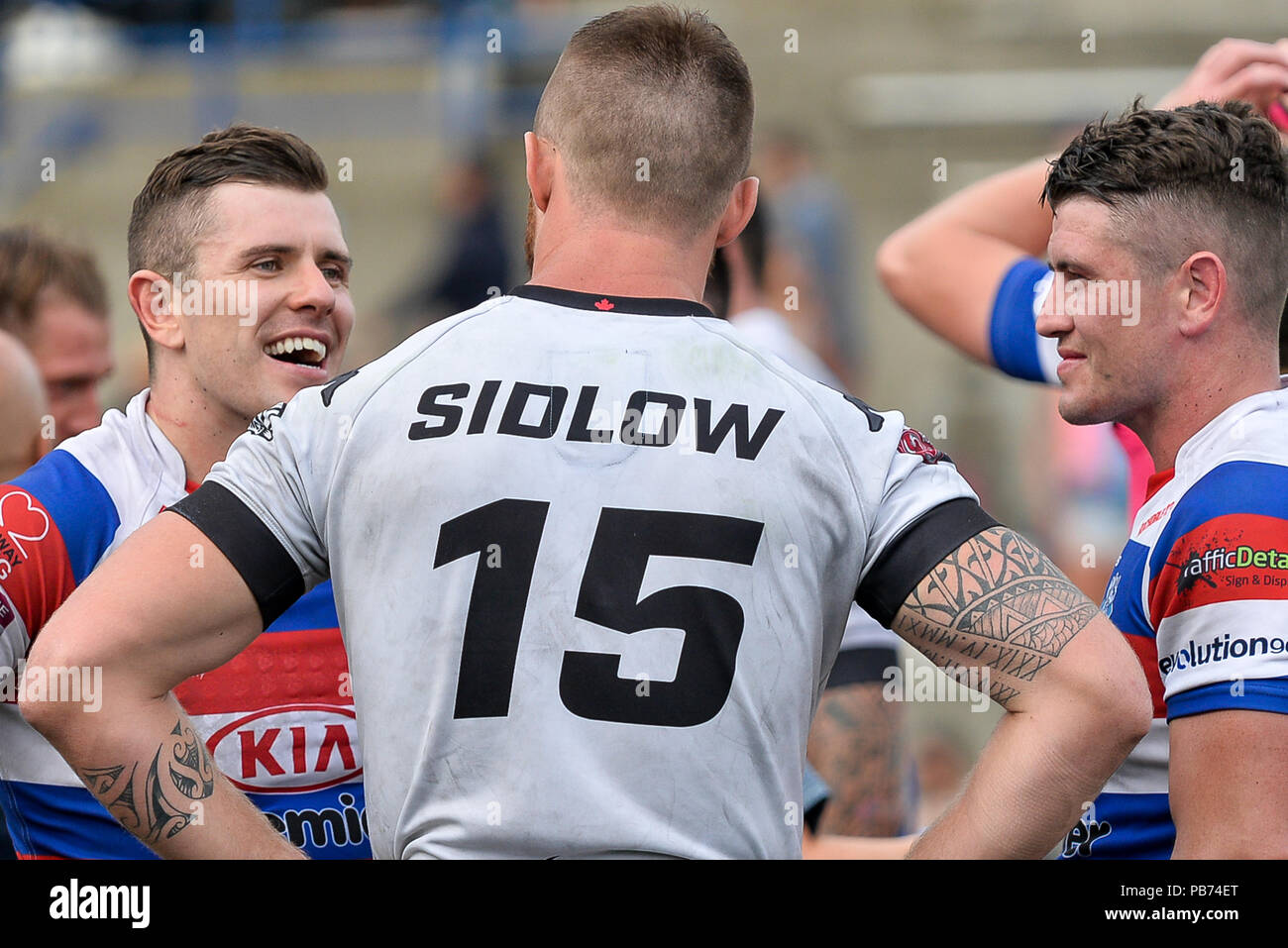Juli 21, 2018. Toronto, Kanada - Adam Sidlow kommuniziert mit dem Gegner nach der Runde 22 der Betfred Meisterschaftspiel zwischen Toronto Wolfpack Stockfoto