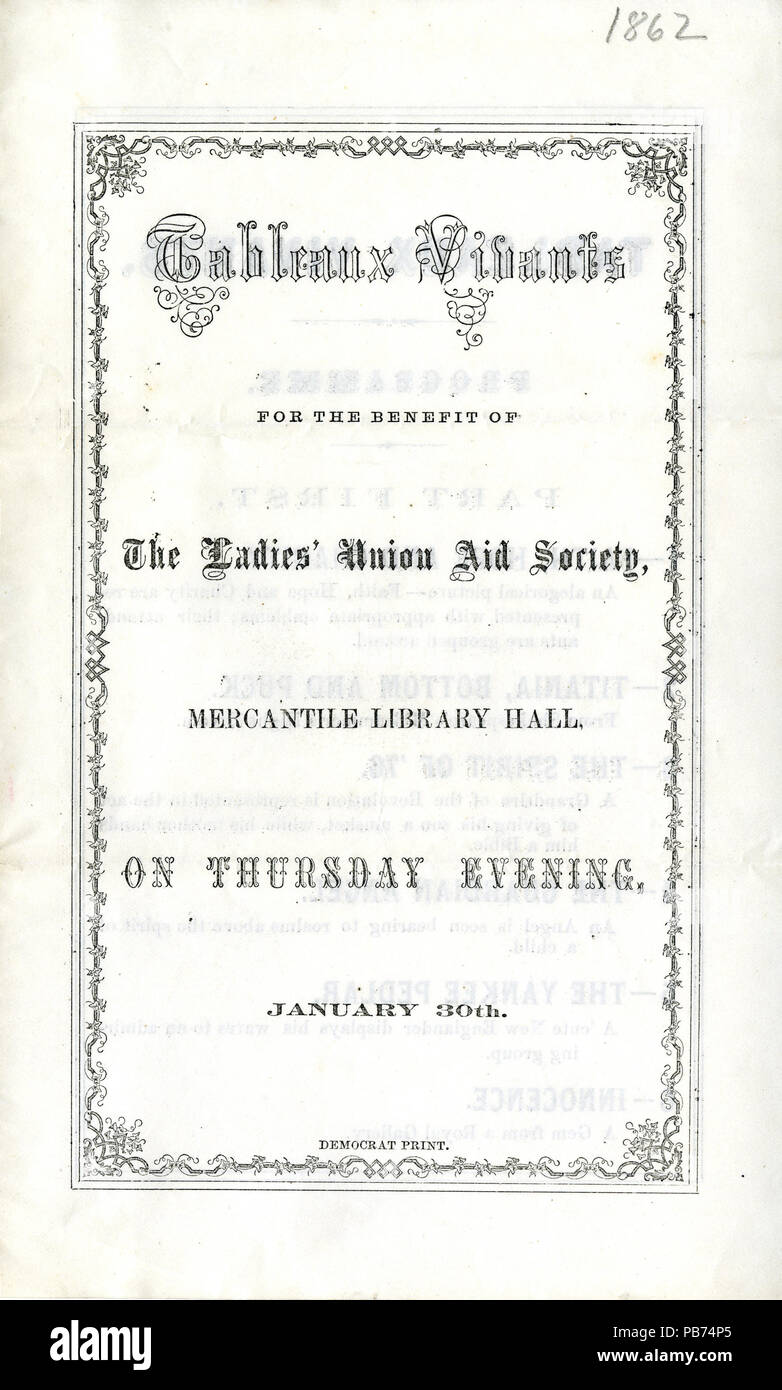 1230 Programm - "Tableaux Vivants zugunsten der Damen Union Aid Society", 30. Januar 1862 Stockfoto