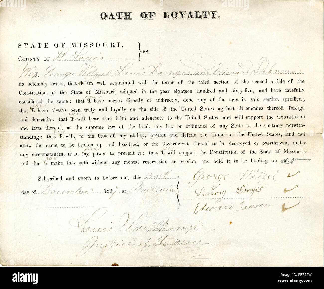 948 Treue Schwur von George Wetzel, Louis Doenges Donges, und Edward Johnson von Missouri, St. Louis Stockfoto