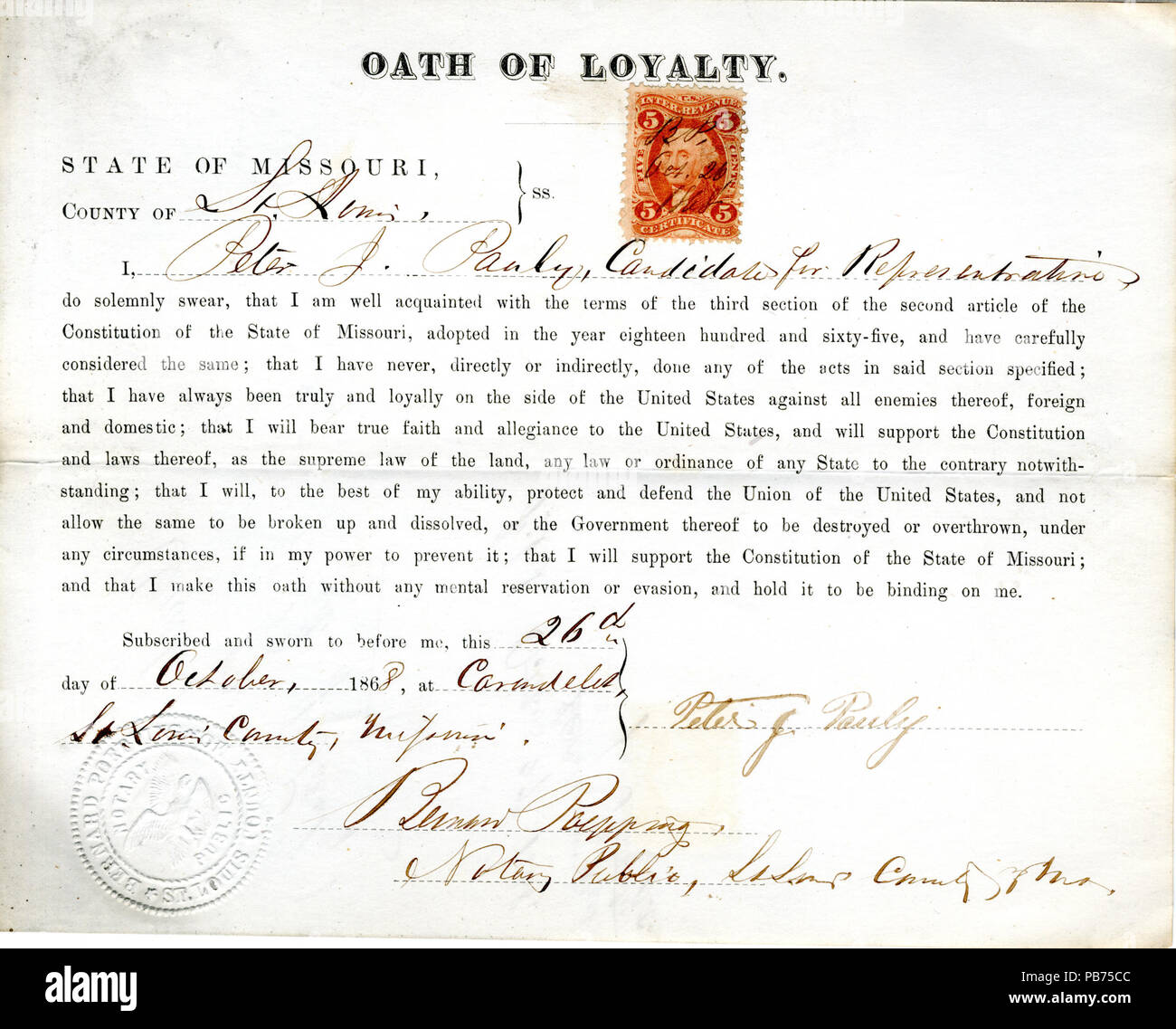 953 Treue Schwur von Peter J. Pauly von Missouri, St. Louis Stockfoto