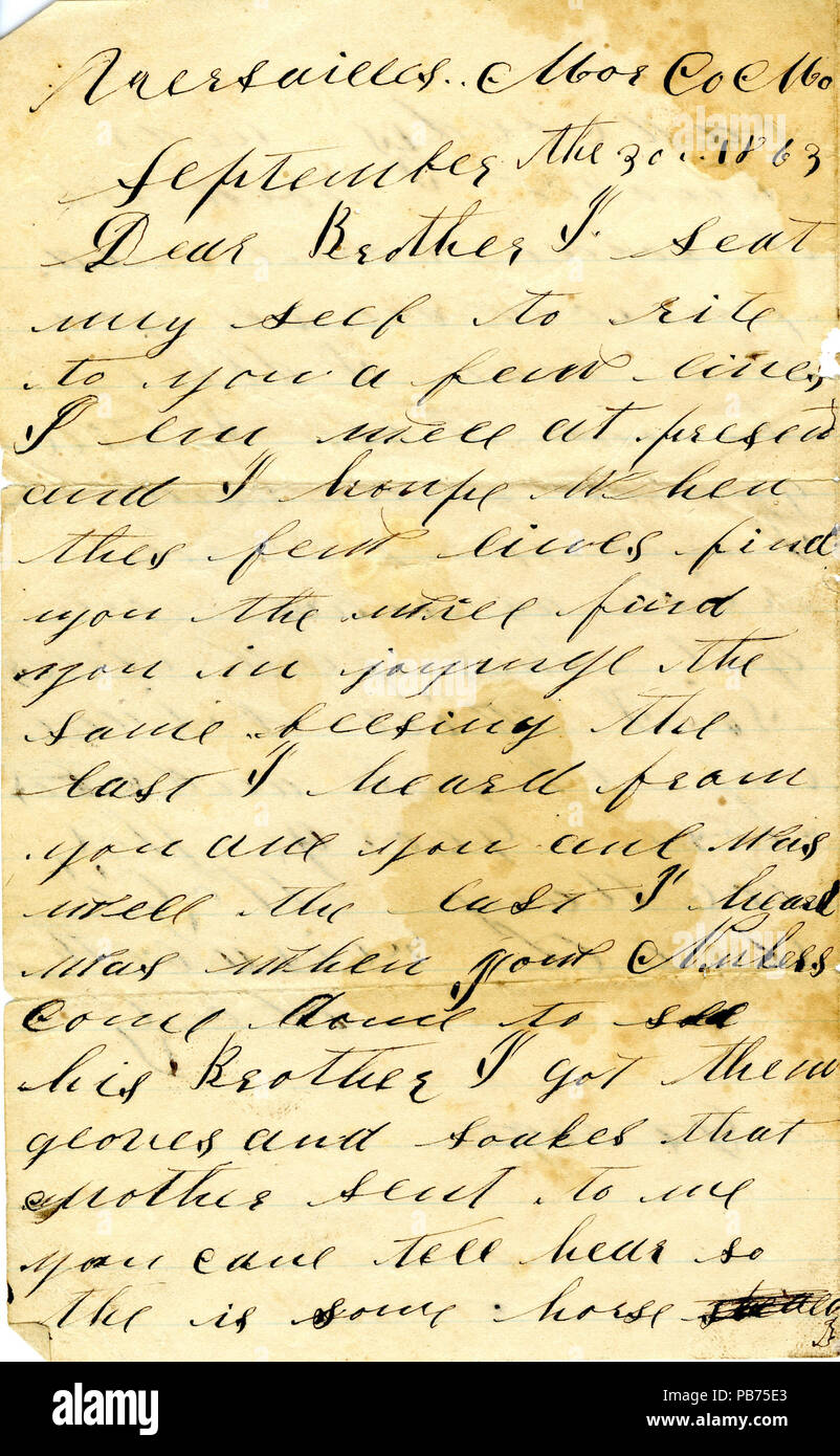 908 Brief unterzeichnet Georg Wolz, Versailles, Morgan Co., Mo., zu seinem Bruder Johannes Wolz, und unterzeichneten Brief Georg Wolz, Versailles, Morgan Co., Mo., zu seinen Schwestern Maria Wolz und Elizabeth Wolz, 30. September bis 1. Oktober 1863 Stockfoto