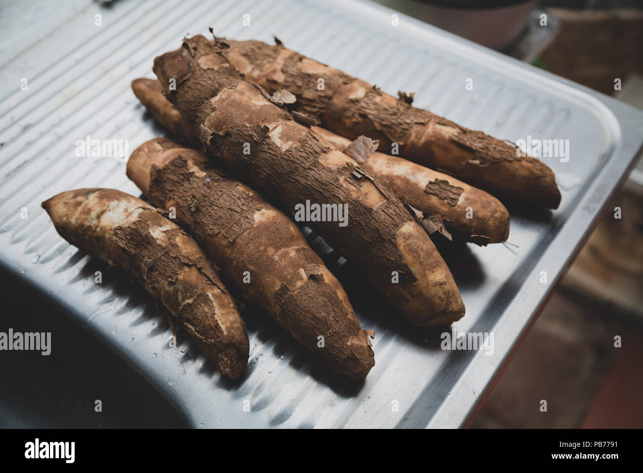 Maniok (Manihot esculenta) (Spanisch: mandioca, Guarani: mandi'o), unverarbeitete Wurzeln auf Waschmaschine Spülbecken, Draußen, Asuncion, Paraguay. Vintage Farben Stockfoto