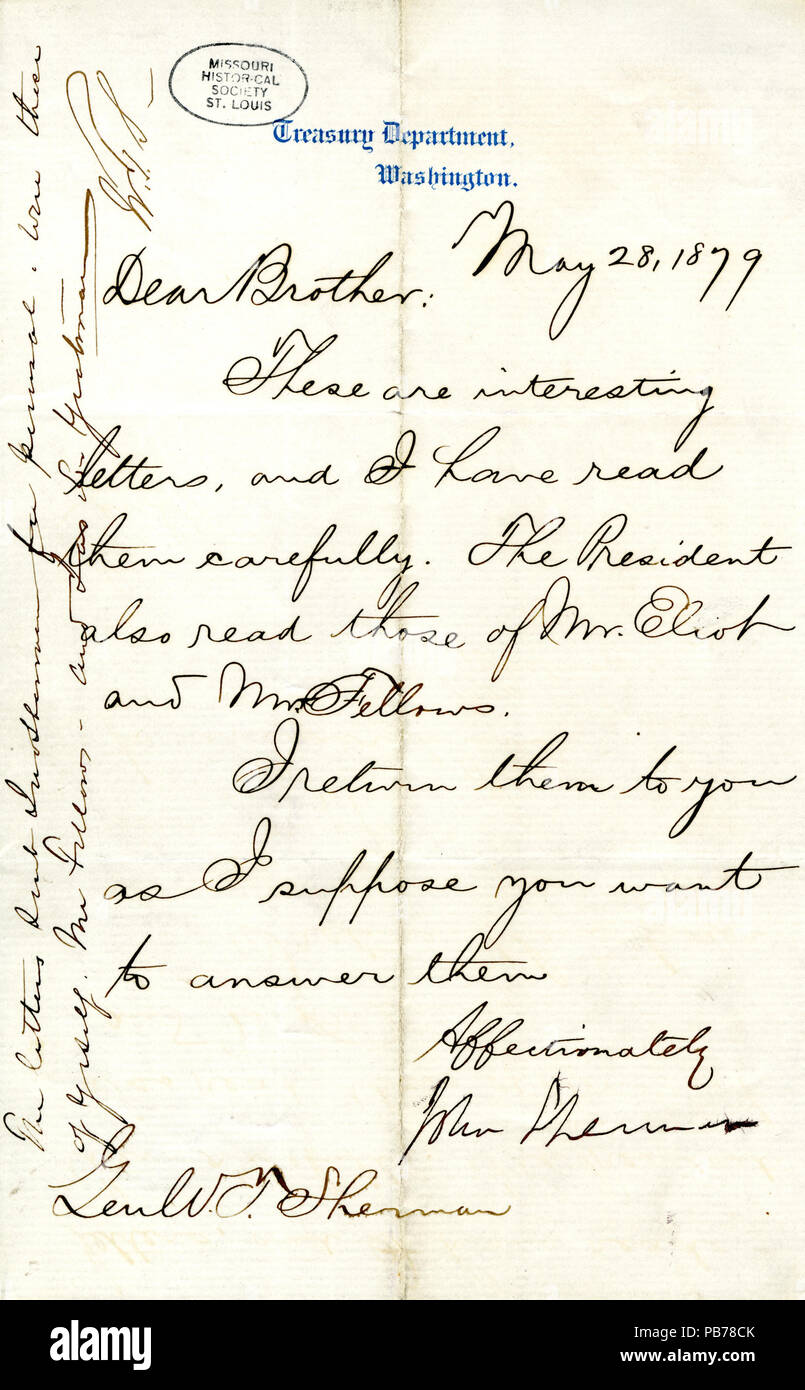 910 unterzeichneten Brief John Sherman, Treasury Department, Washington, zu Allgemeinen W.T. Sherman, 28. Mai 1879 Stockfoto