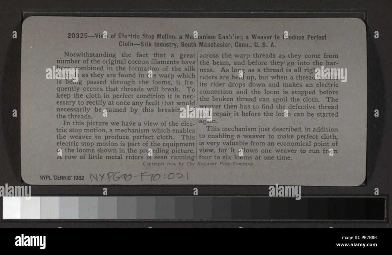1812 Ansicht der elektrischen Bewegung anhalten, um einen Mechanismus, nach dem ein Weber perfekte Tuch zu produzieren. Seidenindustrie, South Manchester, Anschl, U.S.A (Nypl b 11707678-G90F070 021 B) Stockfoto